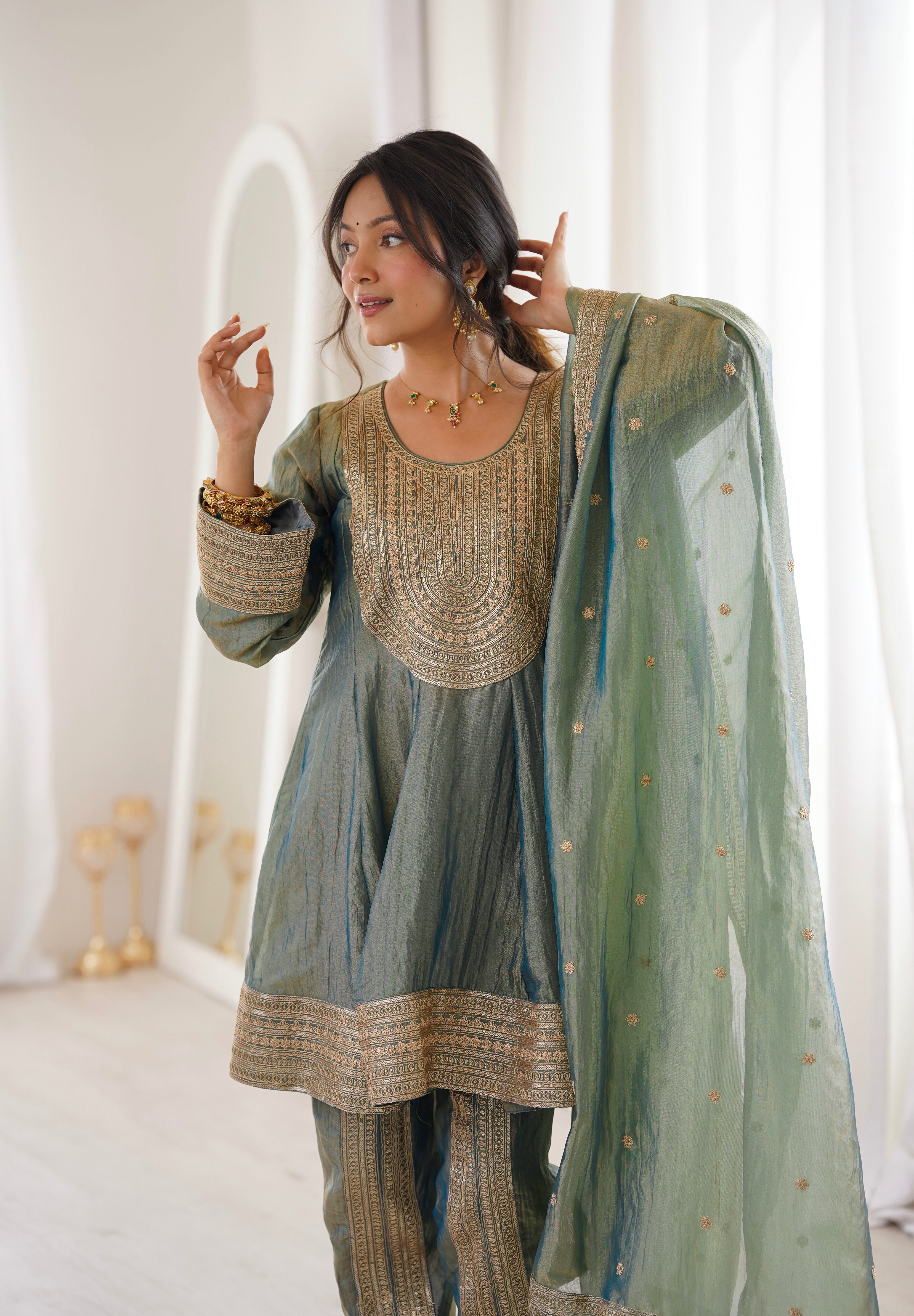 Arti Chauhan in ZIA - Sage Blue Tissue-Organza Anarkali Set.