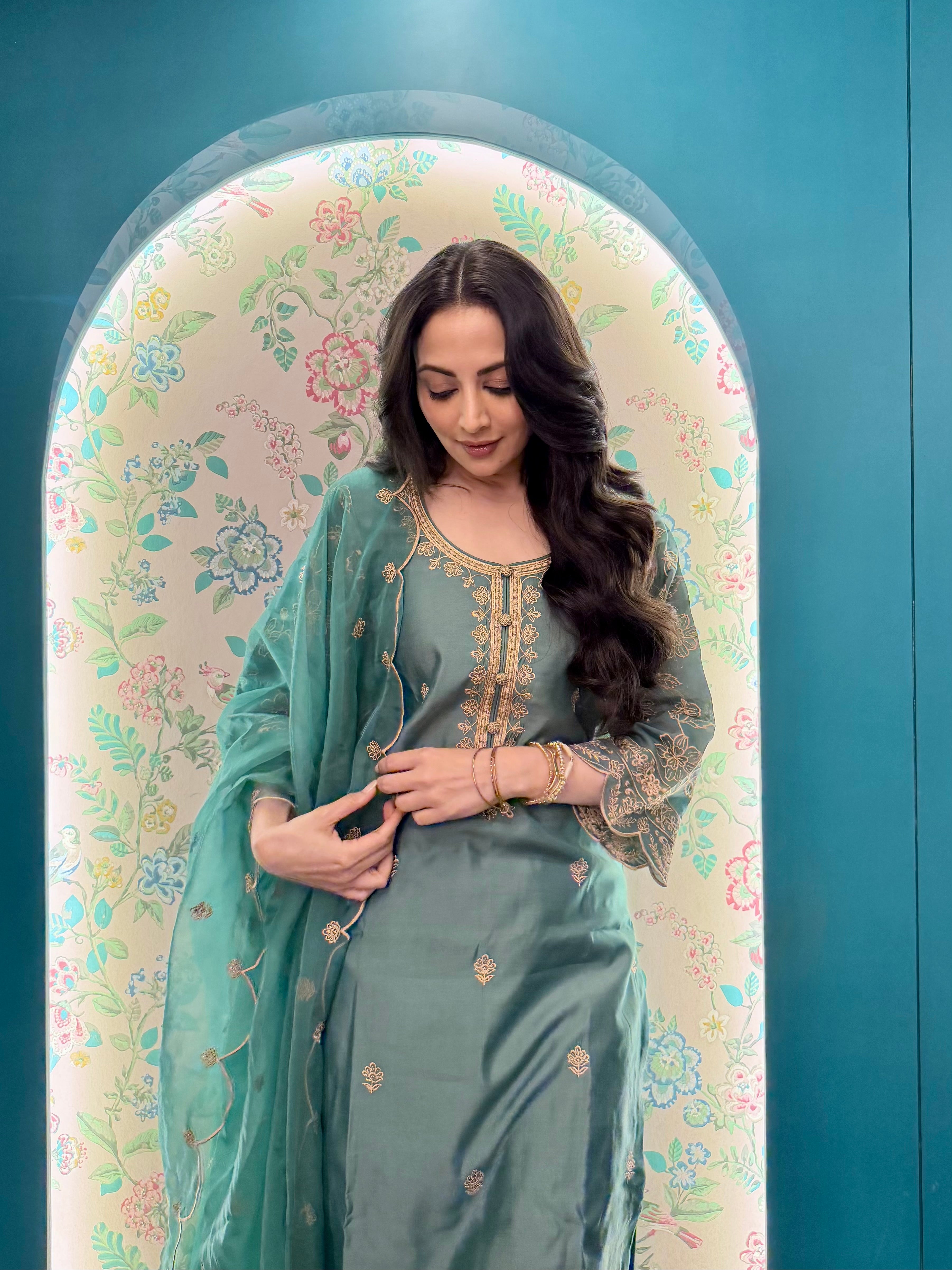 Zoya Afroz in AMEERA - Emerald Green Chanderi Suit Set