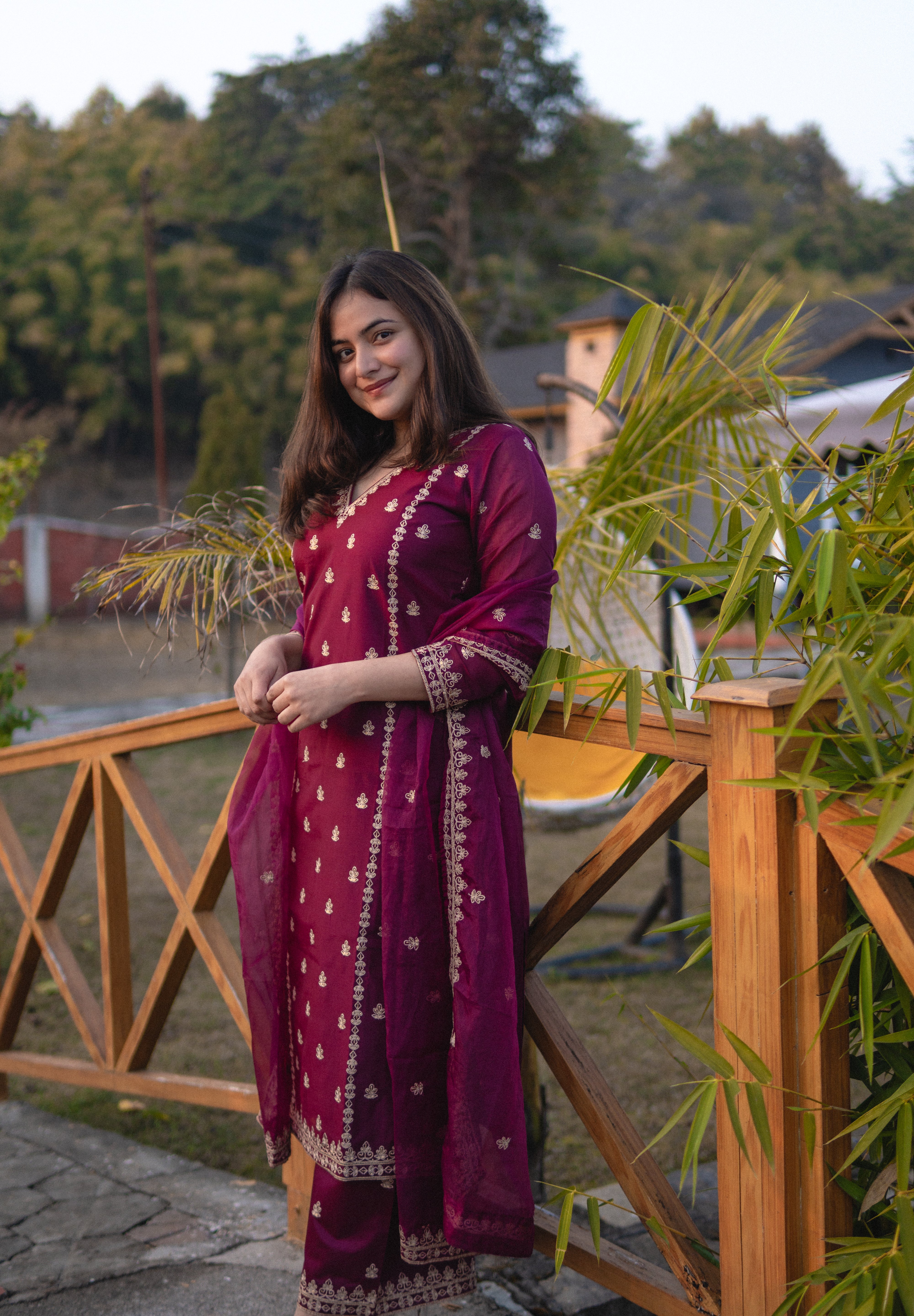 Shreyashi  Verma in Khushnir - Wine Chanderi Embroidered Suit Set