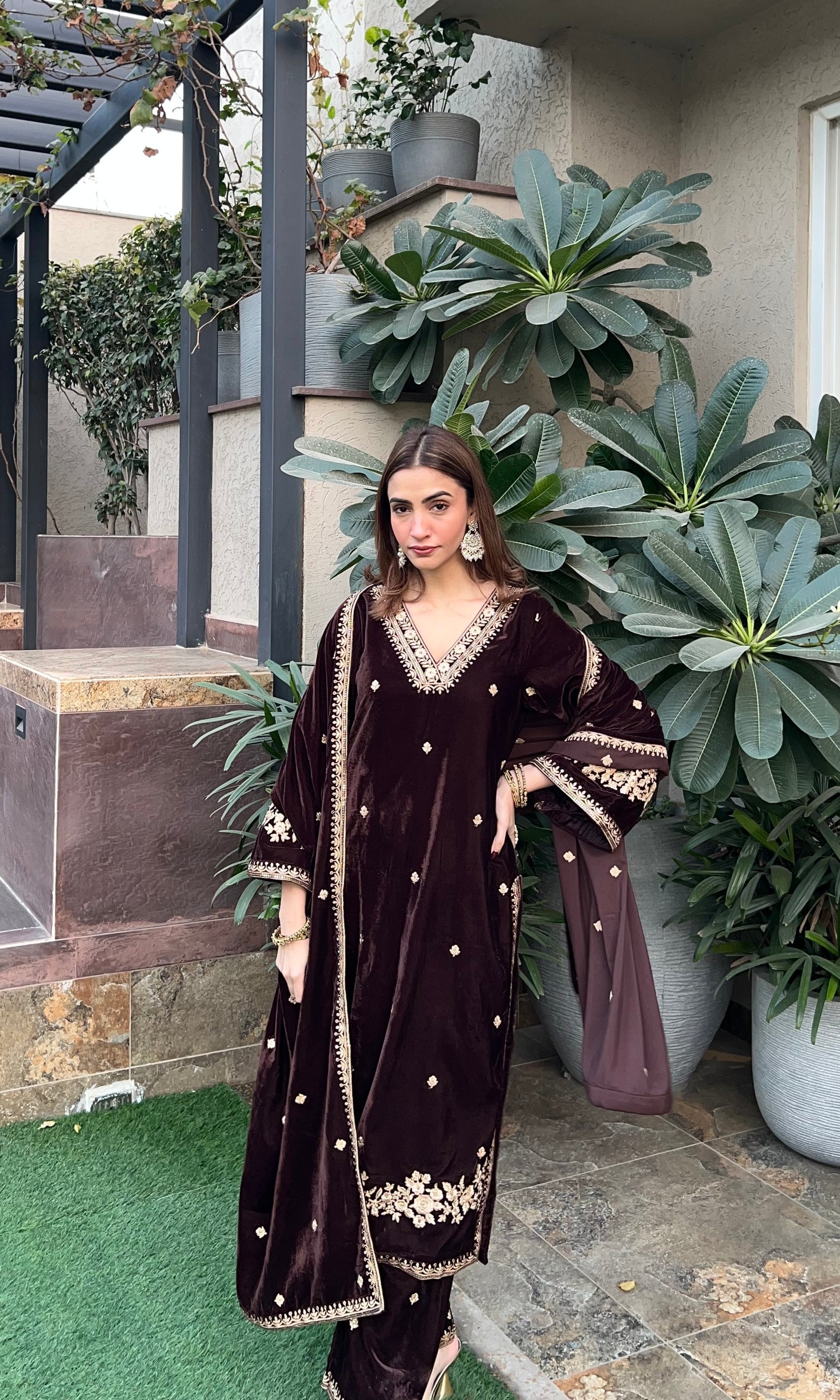 Shreya Lakhani in SWARA - Velvet Brown Straight Suit Set.
