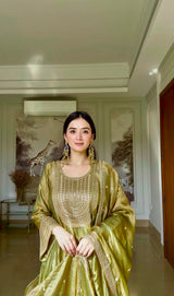Evneet Kaur in ITRA - Olive Green Tissue-Organza Anarkali Set