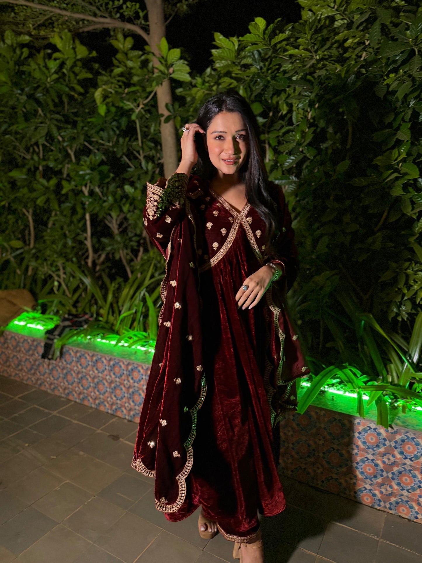Shefali Bagga in ANTARA - Velvet Maroon Anarkali Set
