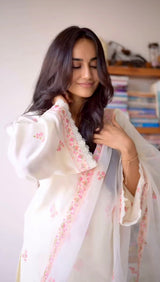 Surbhi Jyoti in Gul-Khera - Ivory White Chanderi Embroidered Suit Set.