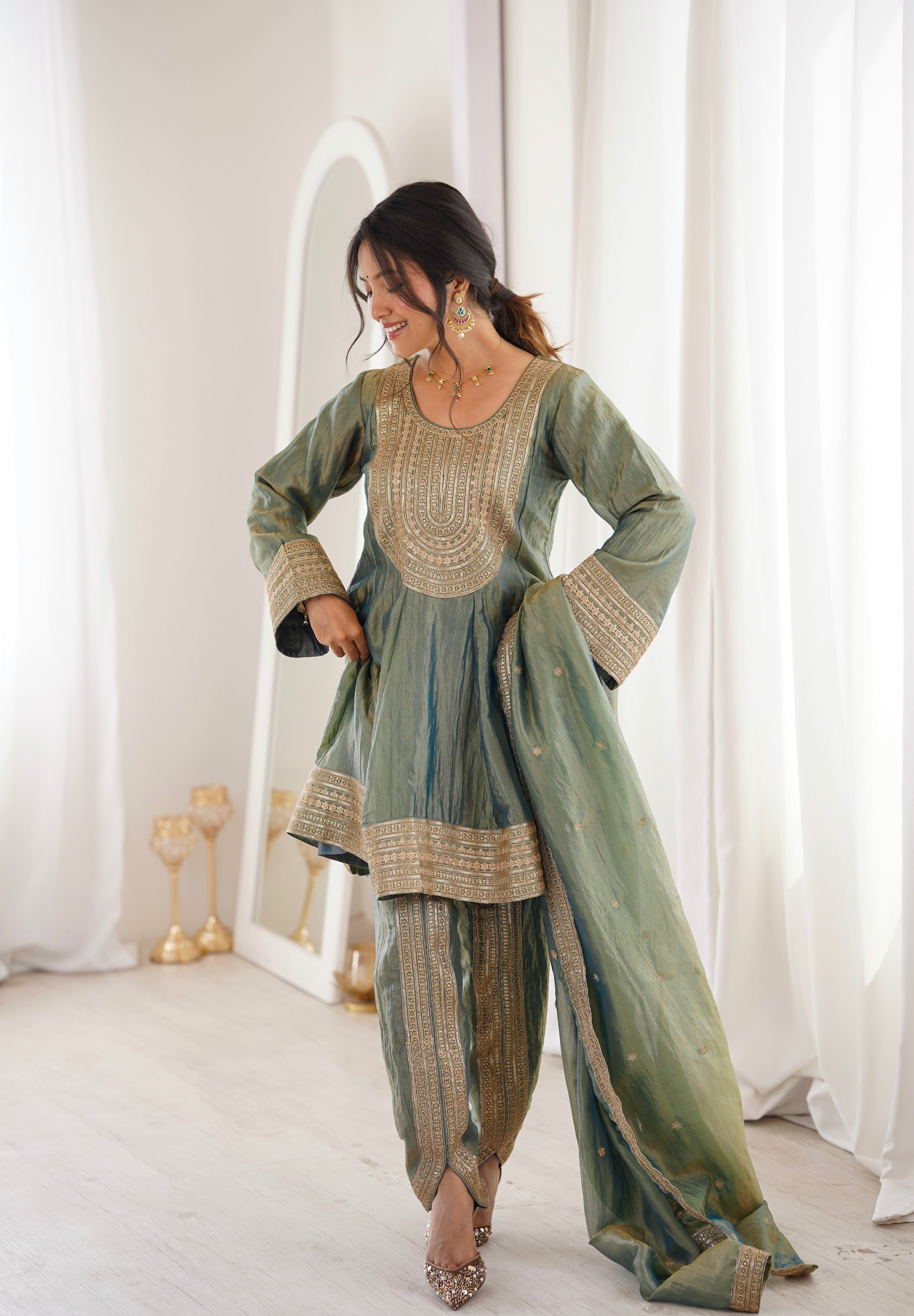 Arti Chauhan in ZIA - Sage Blue Tissue-Organza Anarkali Set.