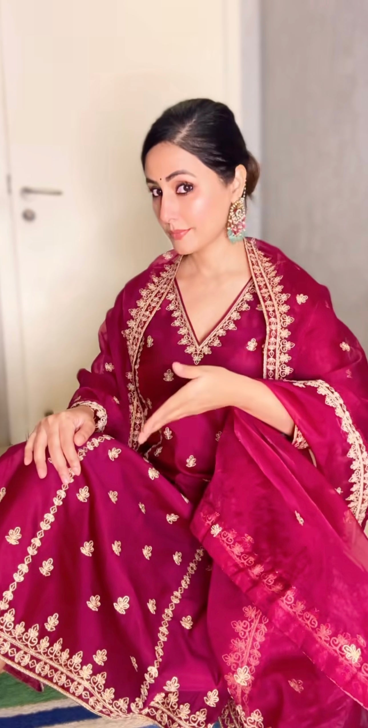 Hina Khan in Khushnir - Wine Chanderi Embroidered Suit Set