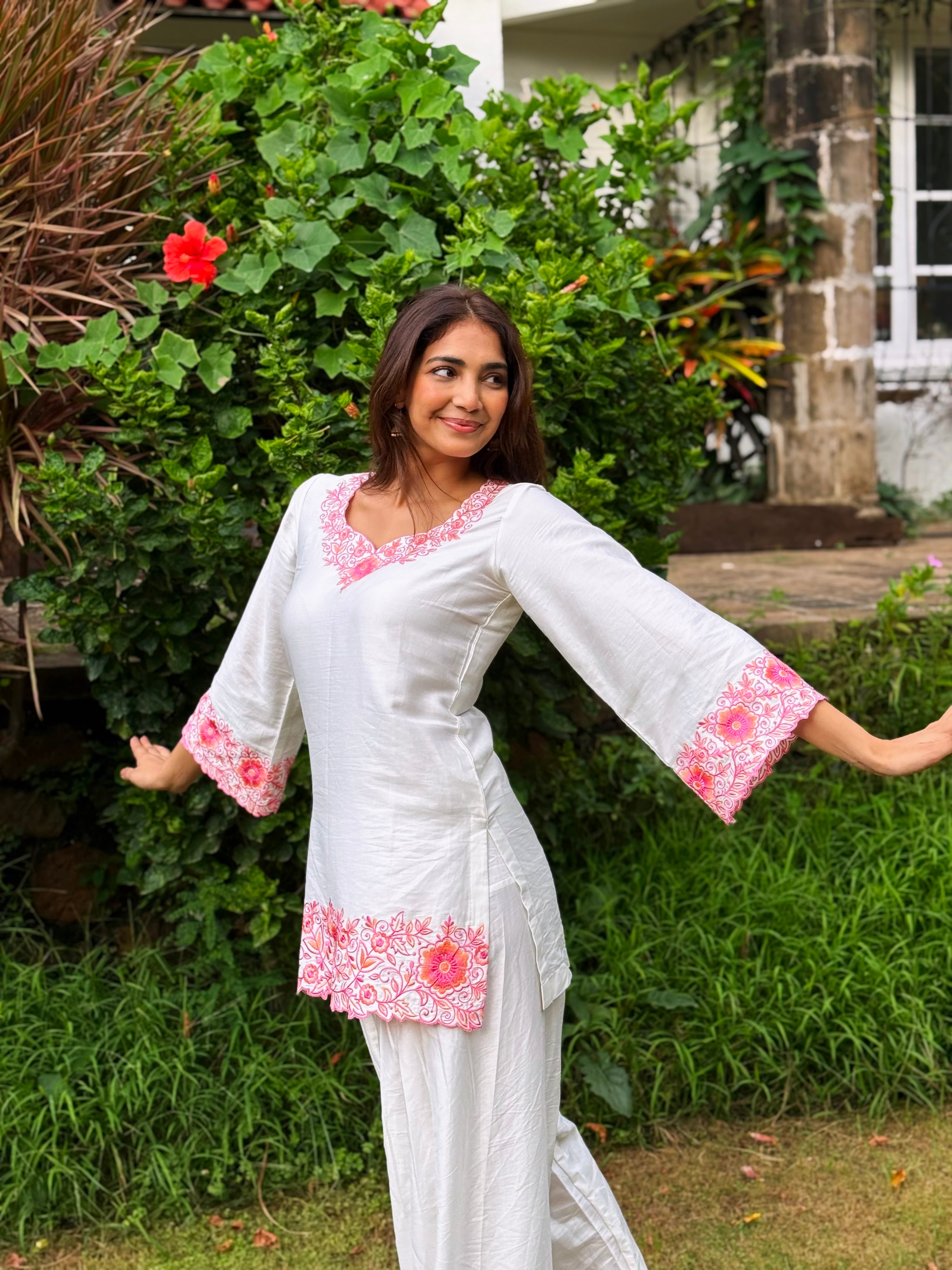 Yogita Bihani in SCARLET -  White Embroidered Co-ord Set
