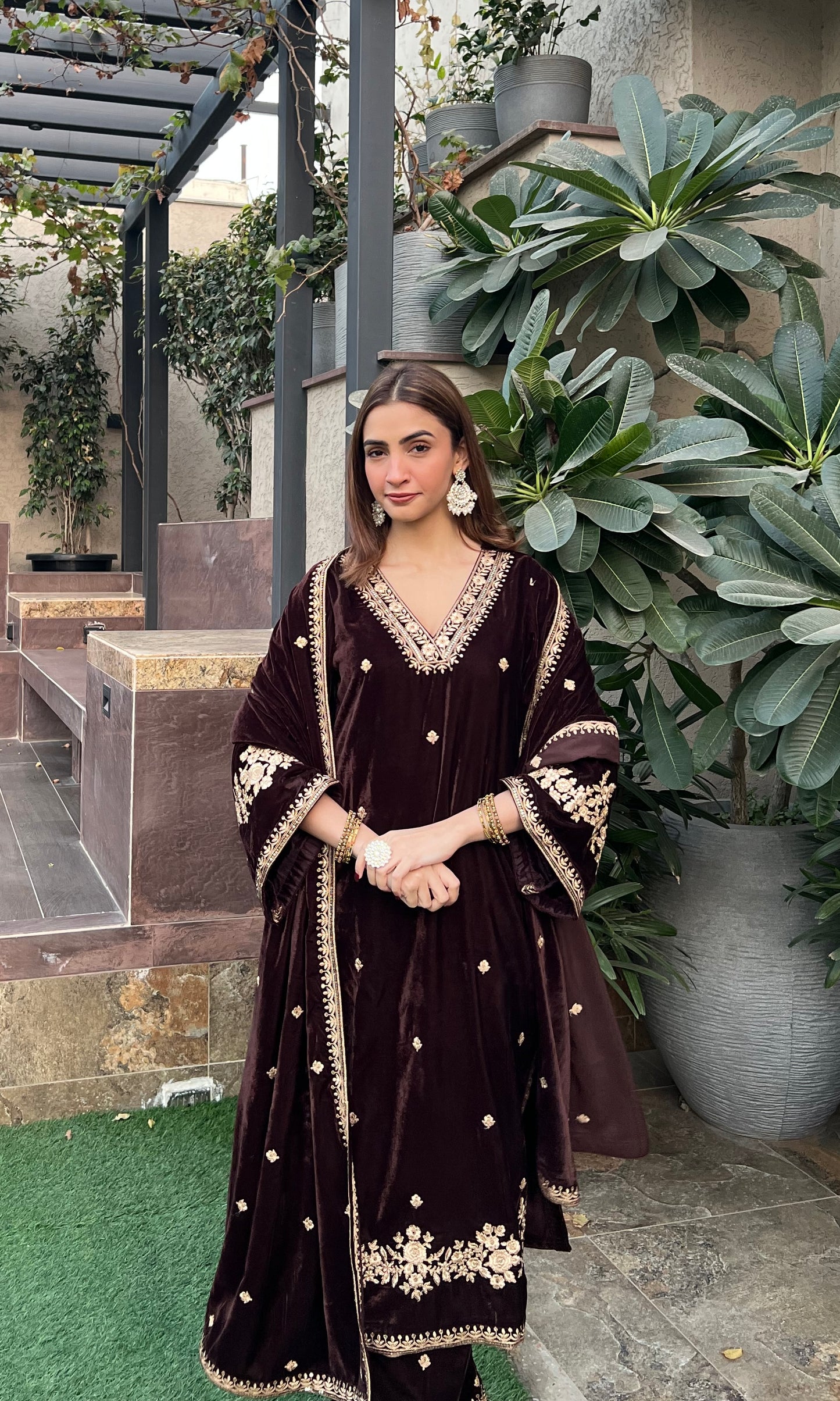 Shreya Lakhani in SWARA - Velvet Brown Straight Suit Set.