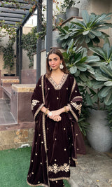 Shreya Lakhani in SWARA - Velvet Brown Straight Suit Set.