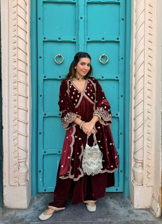 Niki Mehra (@nikimehra) ANTARA - Velvet Maroon Anarkali Set