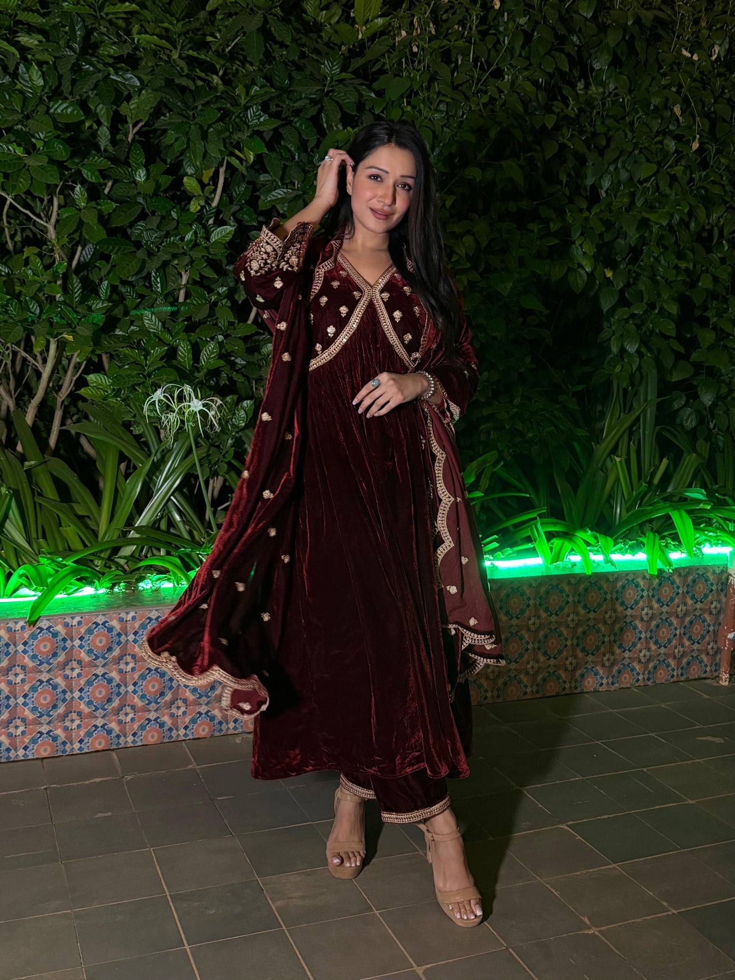 Shefali Bagga in ANTARA - Velvet Maroon Anarkali Set