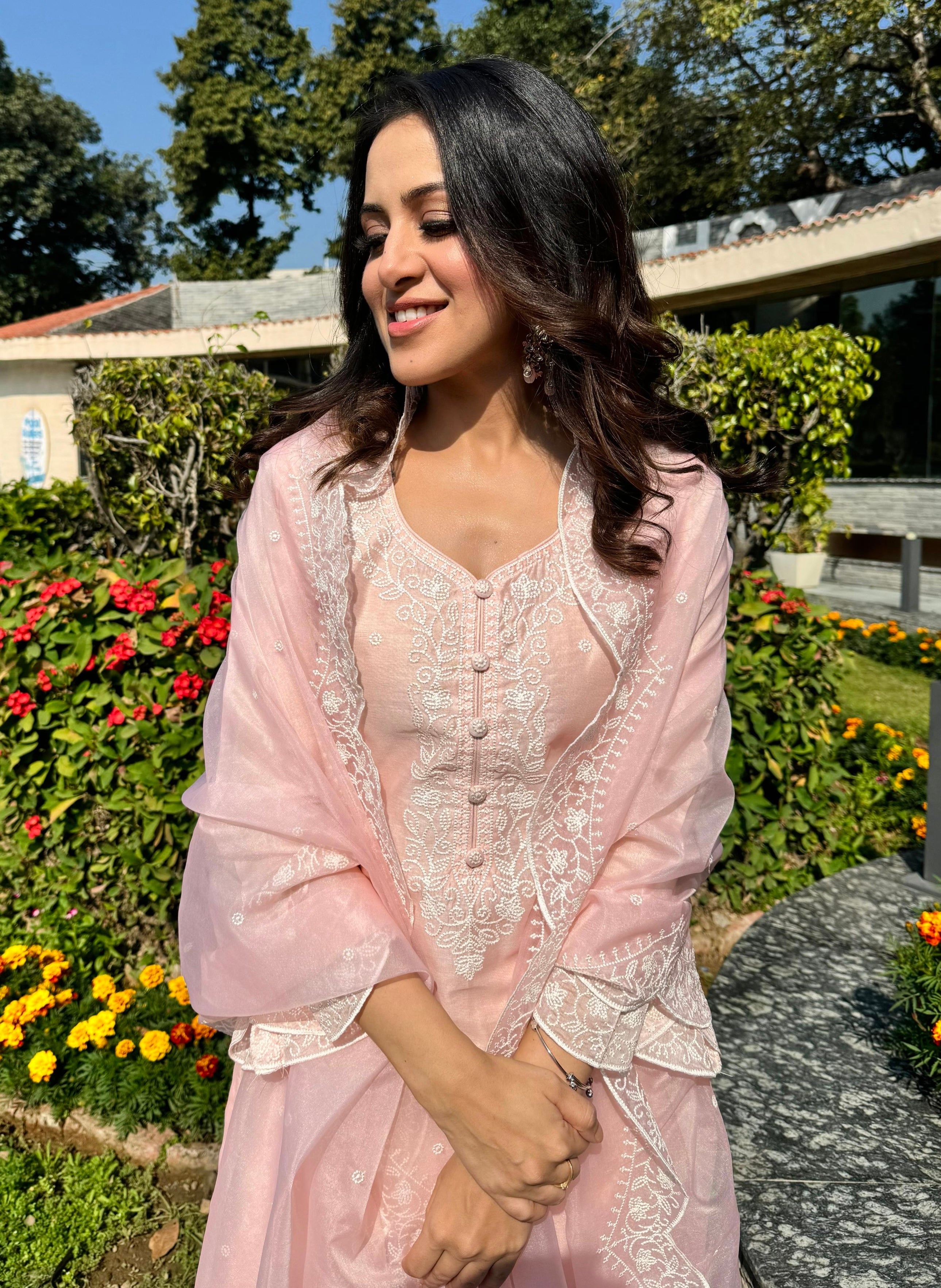 Diksha Juneja in Kamal - Peach Embroidered Suit Set.