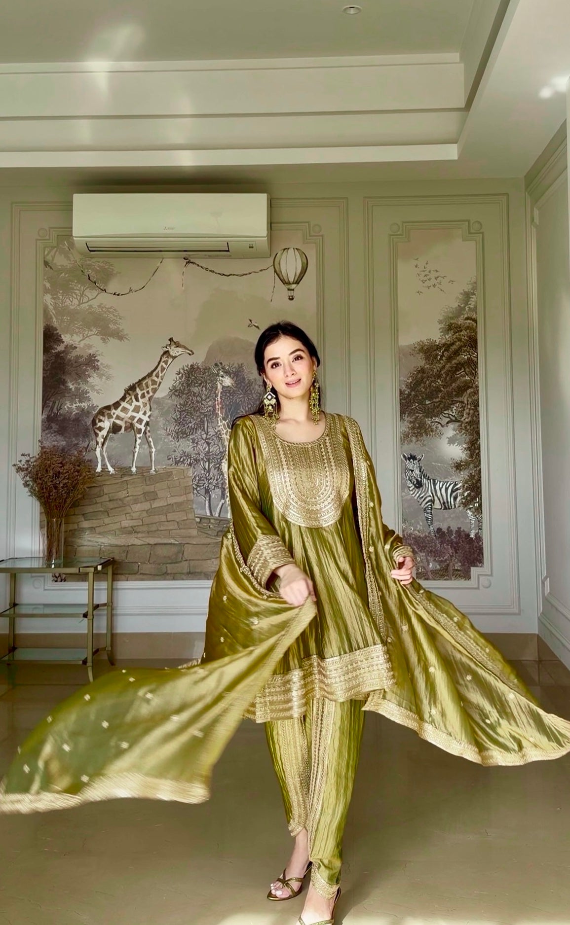 Evneet Kaur in ITRA - Olive Green Tissue-Organza Anarkali Set