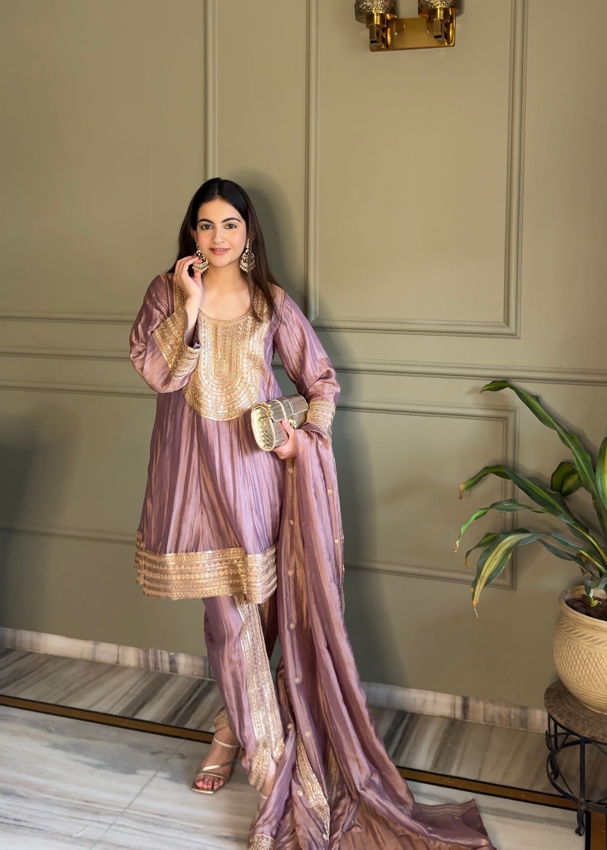 Jannat Khurana in ZAREEN - Antique Mauve Tissue-Organza Anarkali Set.