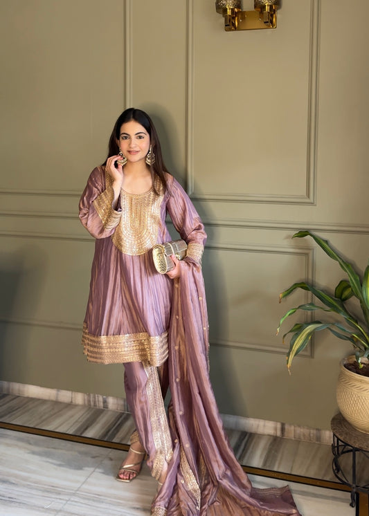 Jannat Khurana in ZAREEN - Antique Mauve Tissue-Organza Anarkali Set.