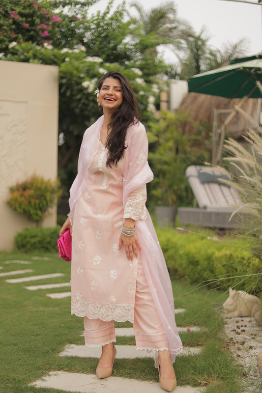 Dhirti Mehra in Gulmohar - Peach Embroidered Suit Set