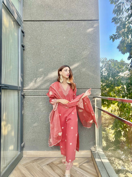 Mehak Jain in Rust Chanderi Silk Suit Set