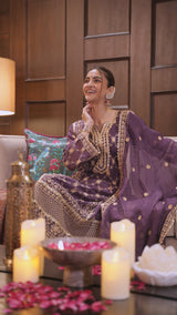 Shreya Lakhani in IRA - Purple Organza A-line Suit Set
