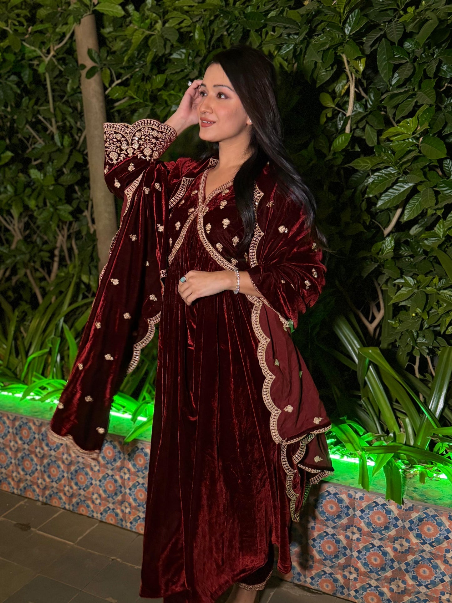 Shefali Bagga in ANTARA - Velvet Maroon Anarkali Set