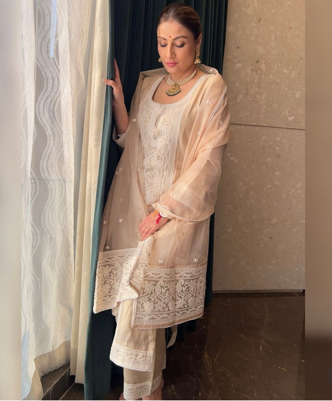 Urvashi Dholakia in Hazel Beige Chanderi Suit Set