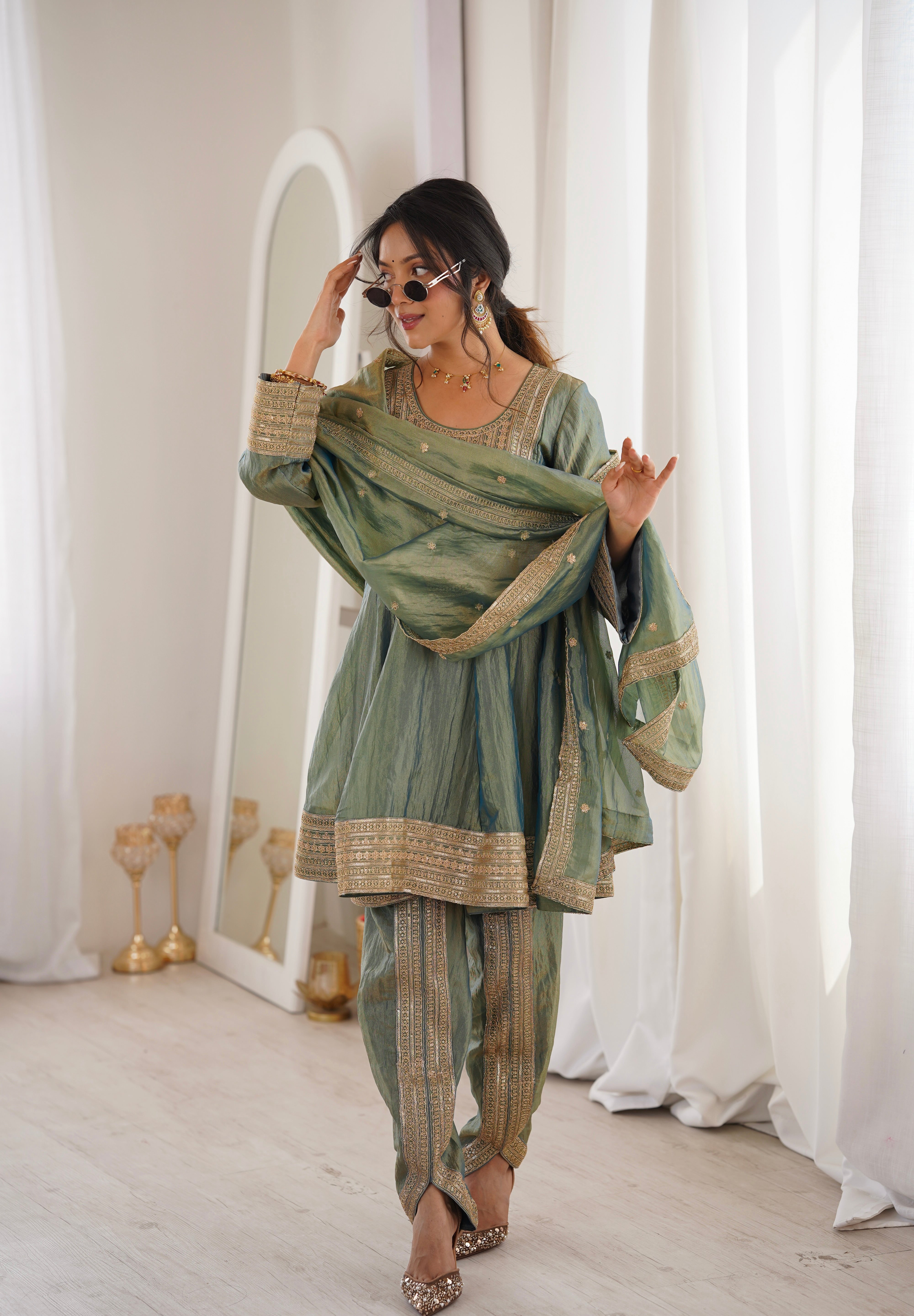Arti Chauhan in ZIA - Sage Blue Tissue-Organza Anarkali Set.