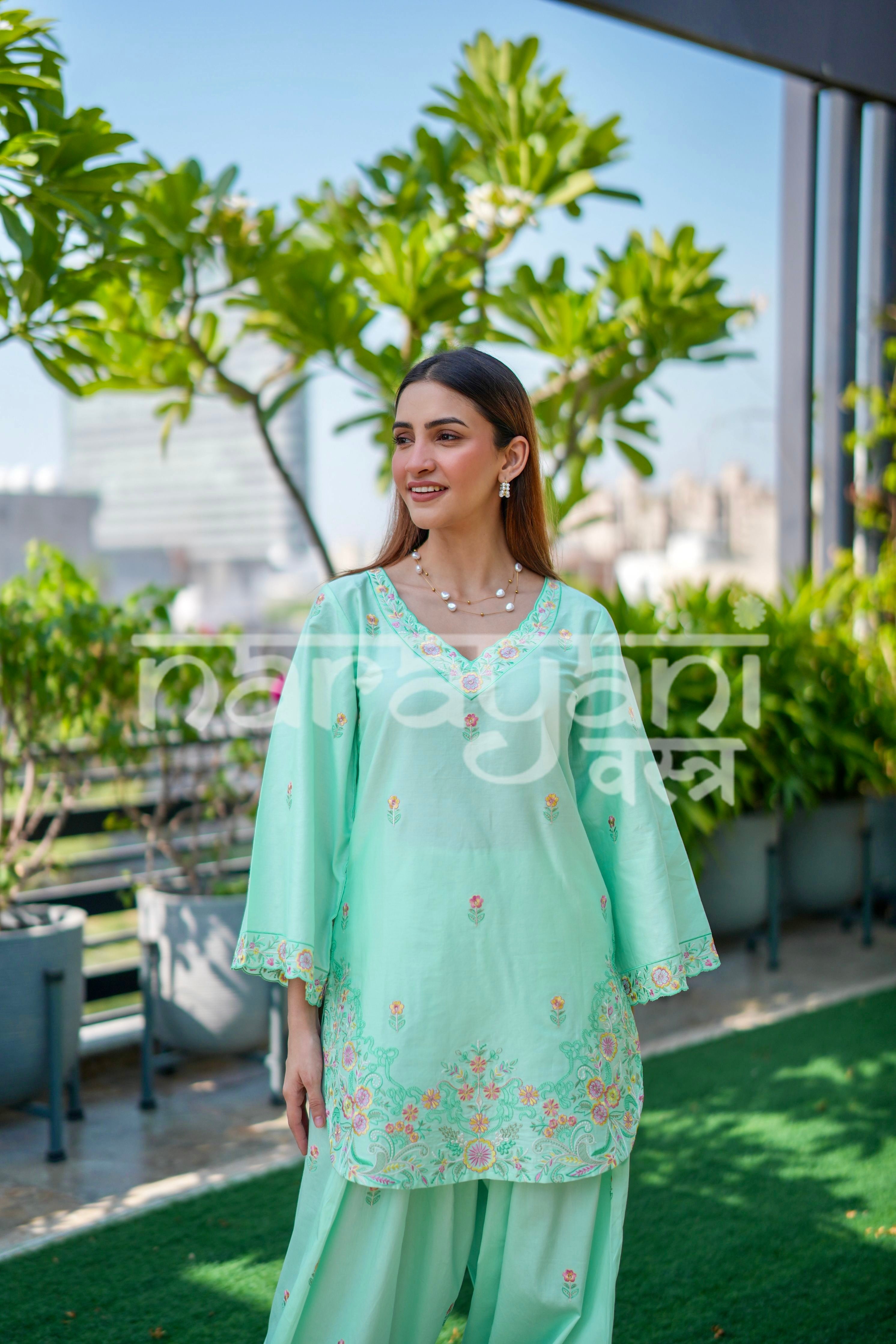 EIRA - Sea Green Embroidered Cotton Co-ord Set