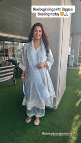 Harleen Sethi in RUMI - Ice Blue Chanderi A-line Suit Set