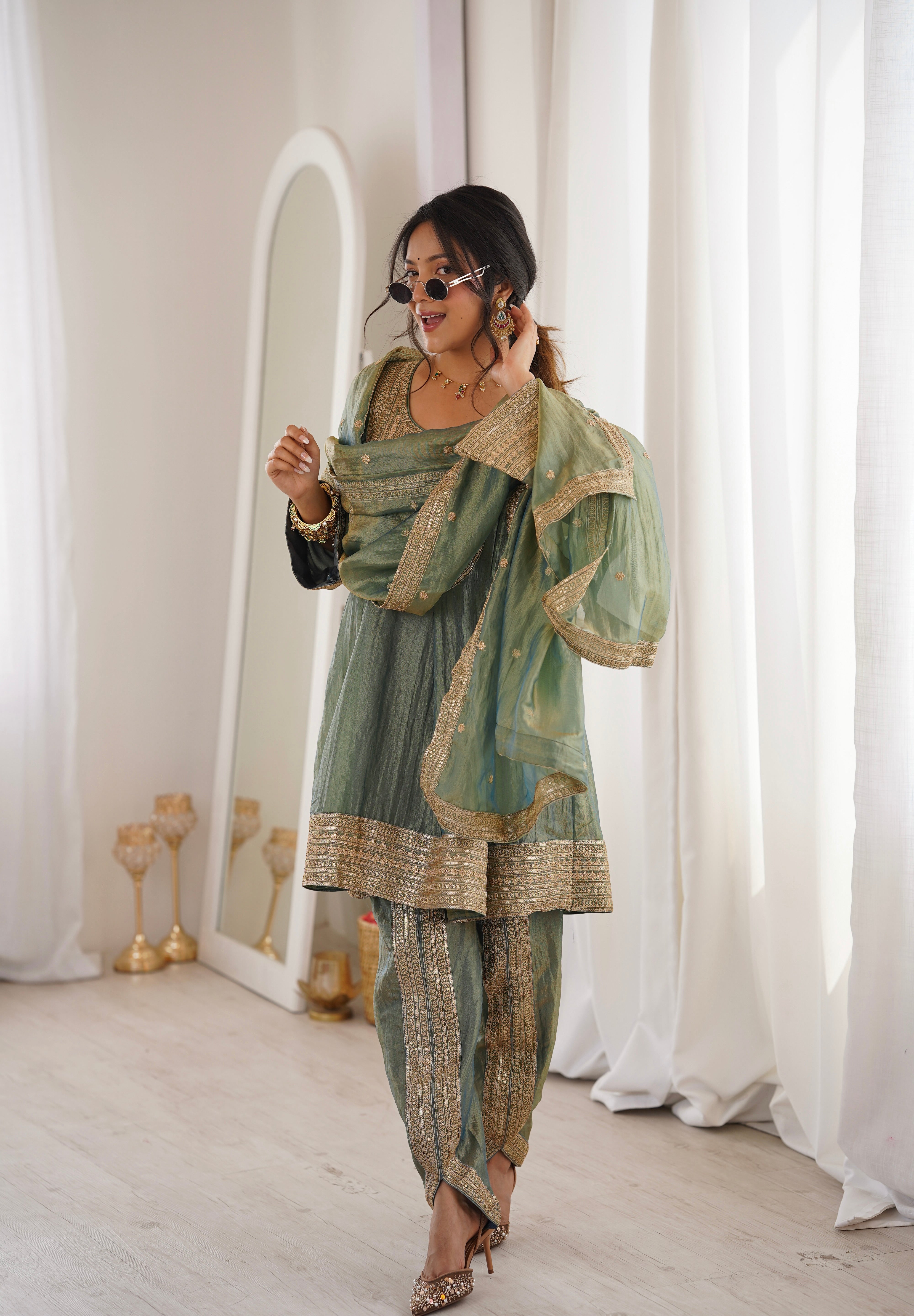 Arti Chauhan in ZIA - Sage Blue Tissue-Organza Anarkali Set.