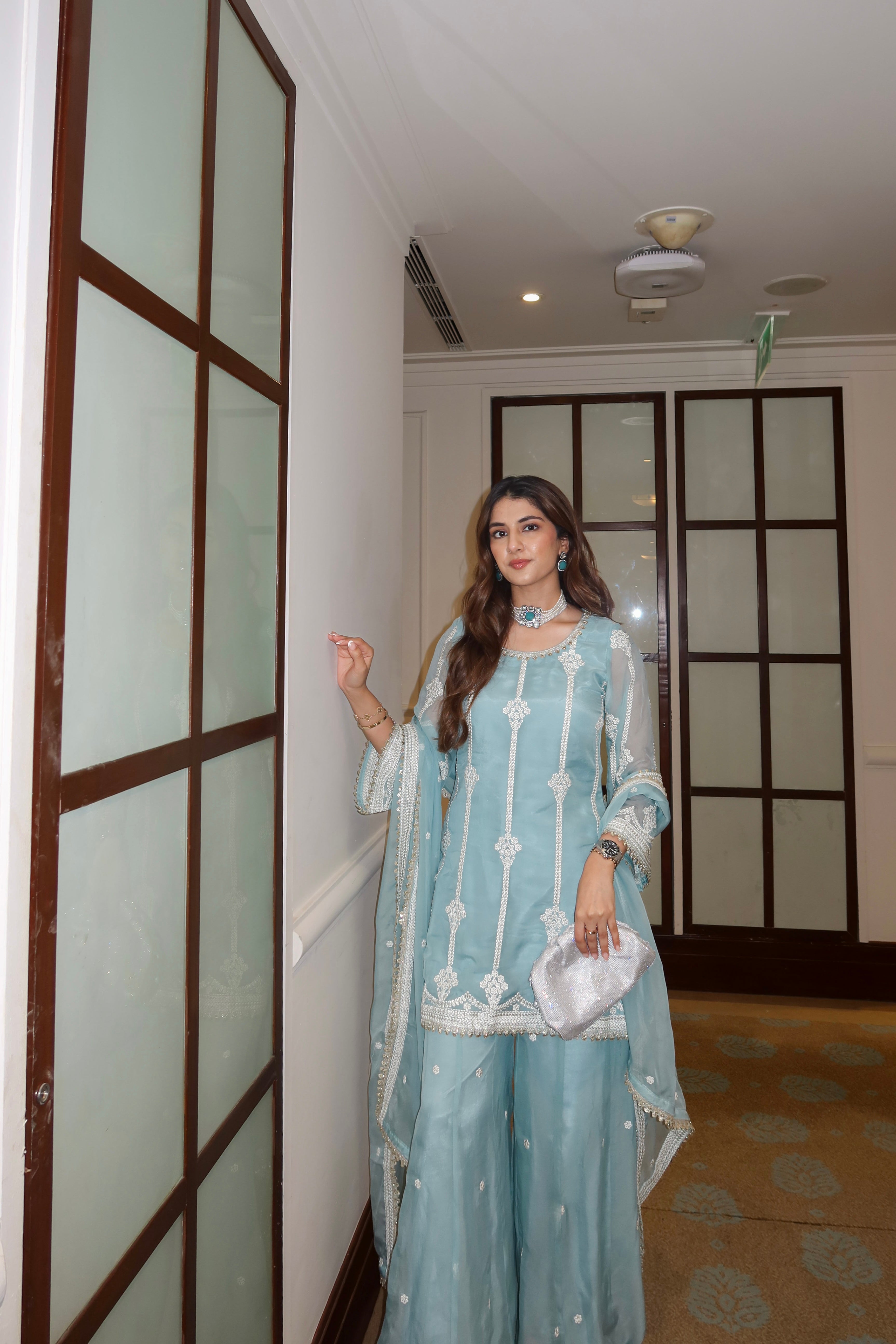 Meher Taluja in Chandani - Blue Organza Sharara Set.