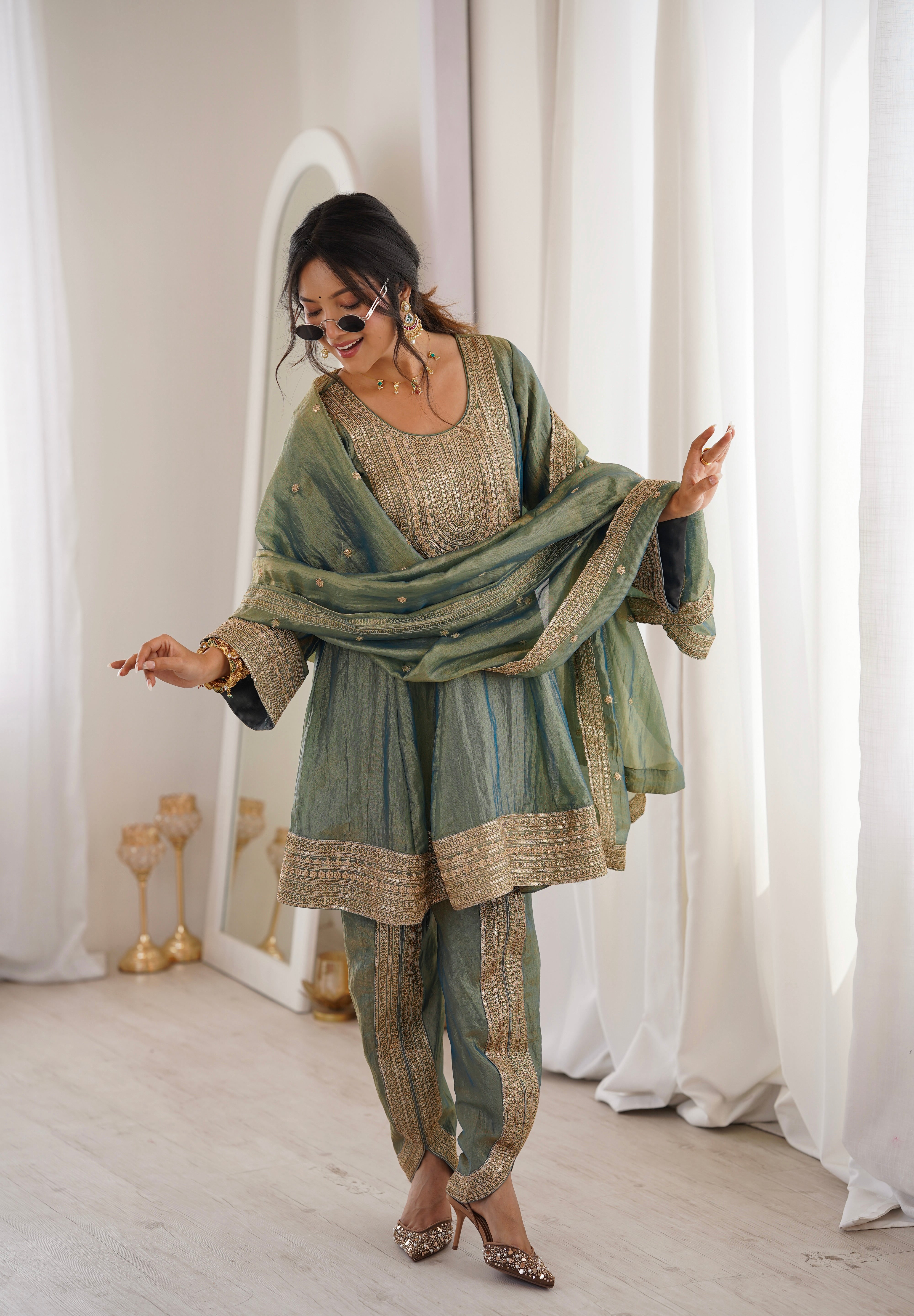 Arti Chauhan in ZIA - Sage Blue Tissue-Organza Anarkali Set.