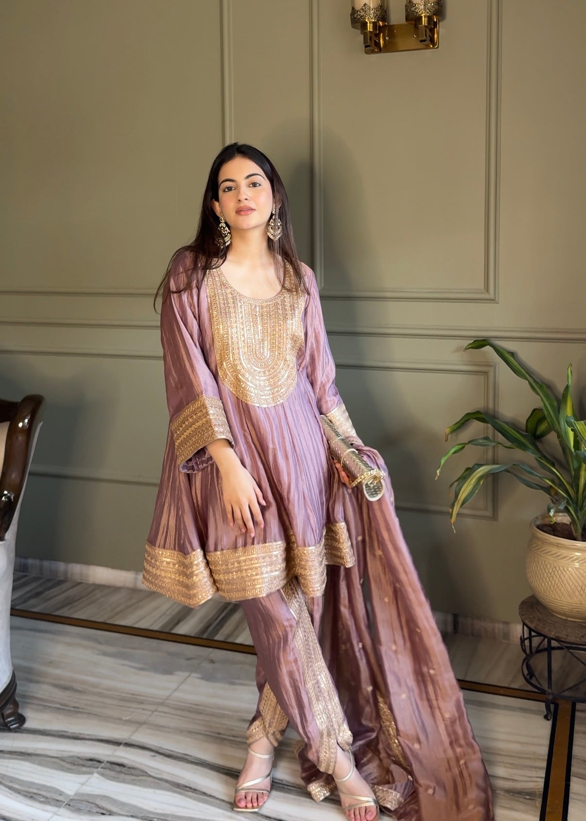 Jannat Khurana in ZAREEN - Antique Mauve Tissue-Organza Anarkali Set.