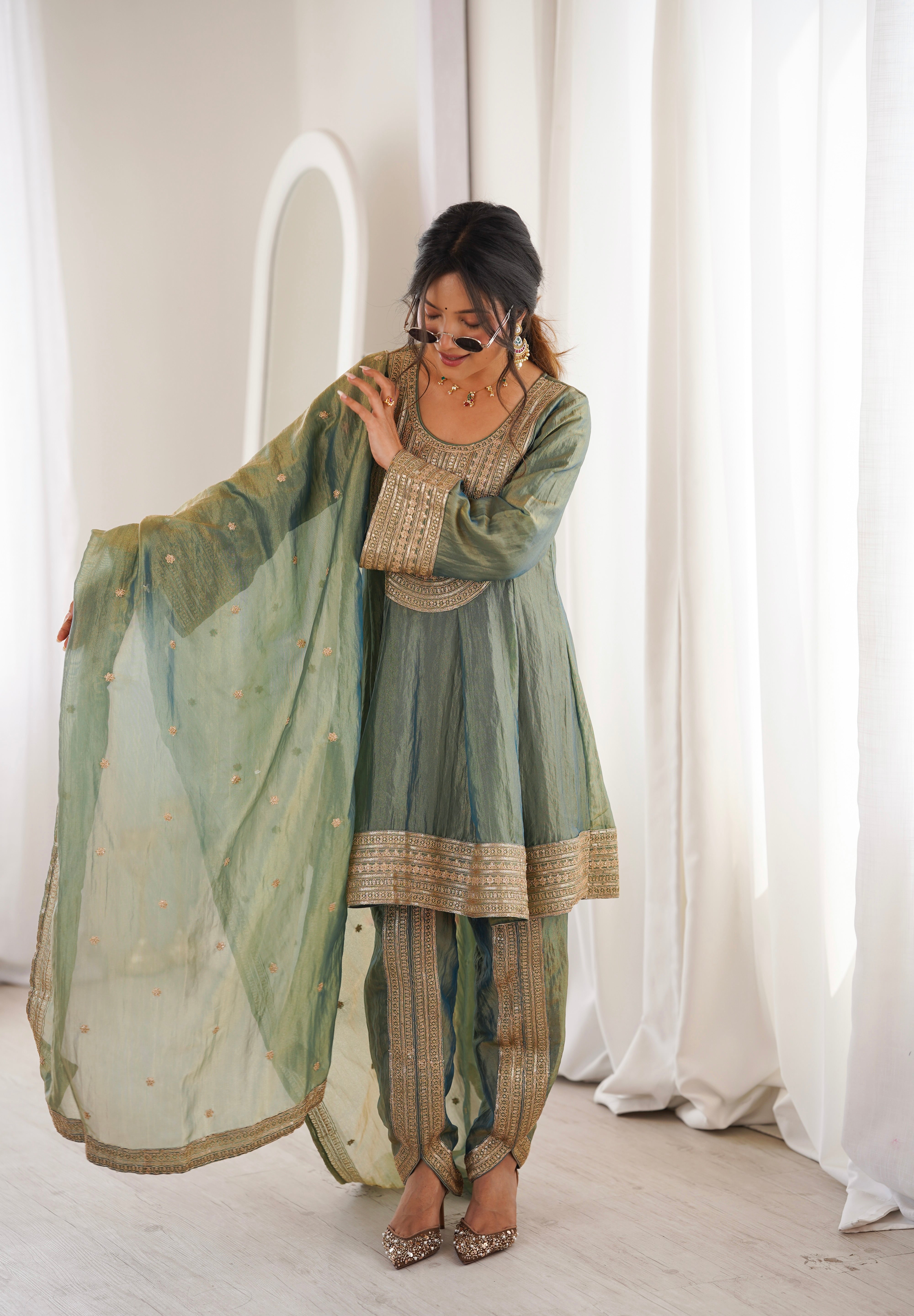 Arti Chauhan in ZIA - Sage Blue Tissue-Organza Anarkali Set.