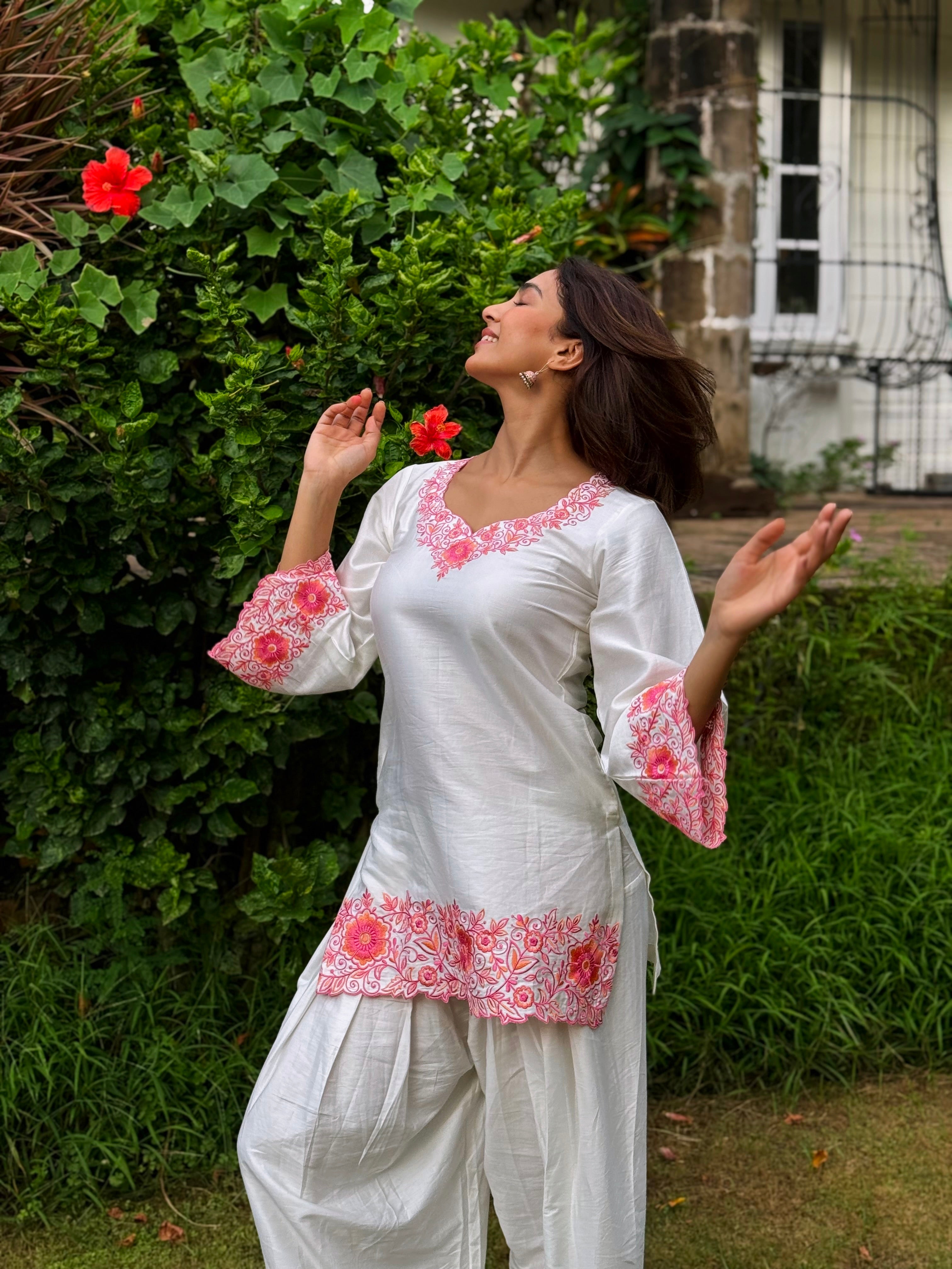 Yogita Bihani in SCARLET -  White Embroidered Co-ord Set