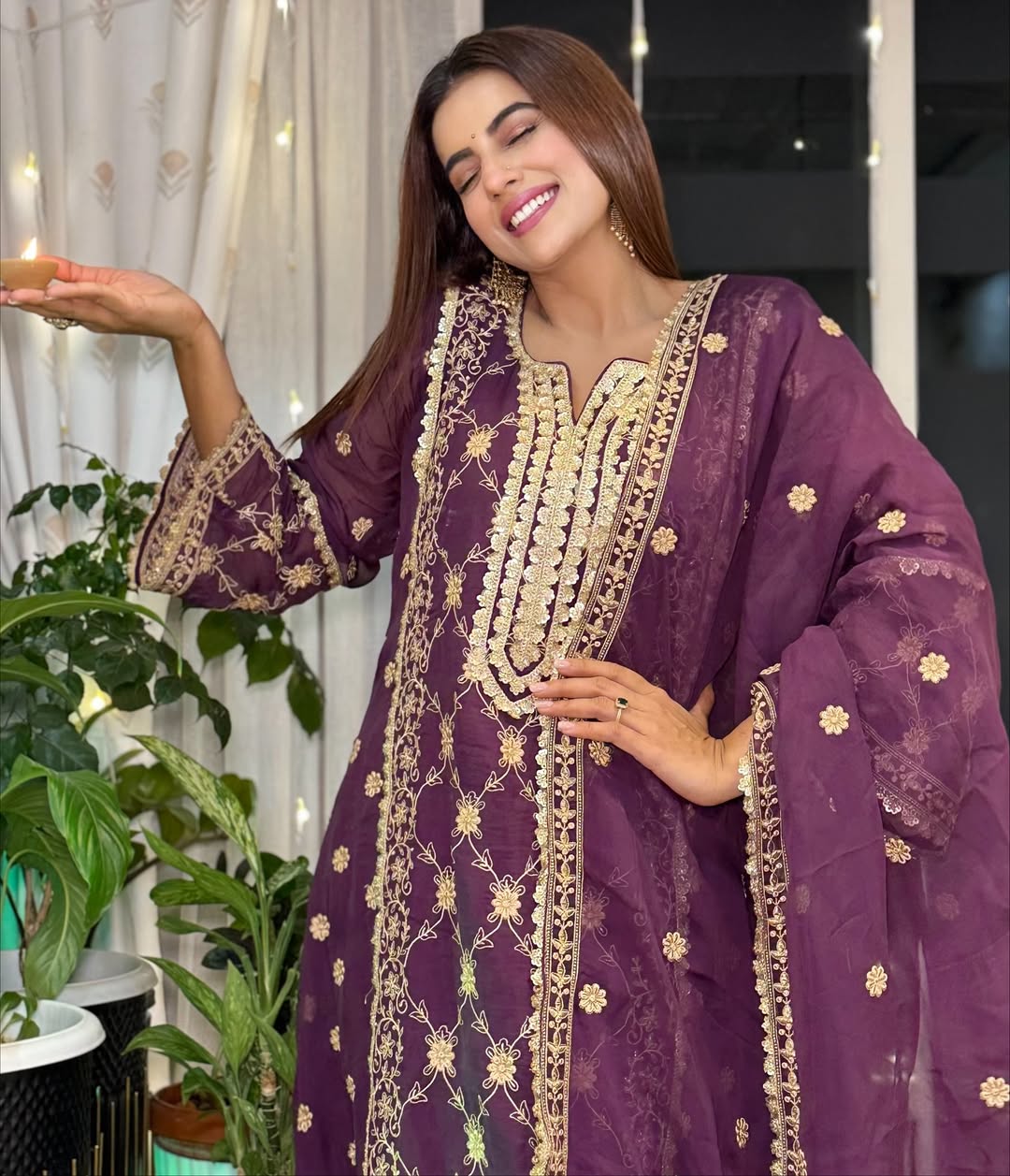 Akshara Singh in IRA - Purple Organza A-line Suit Set