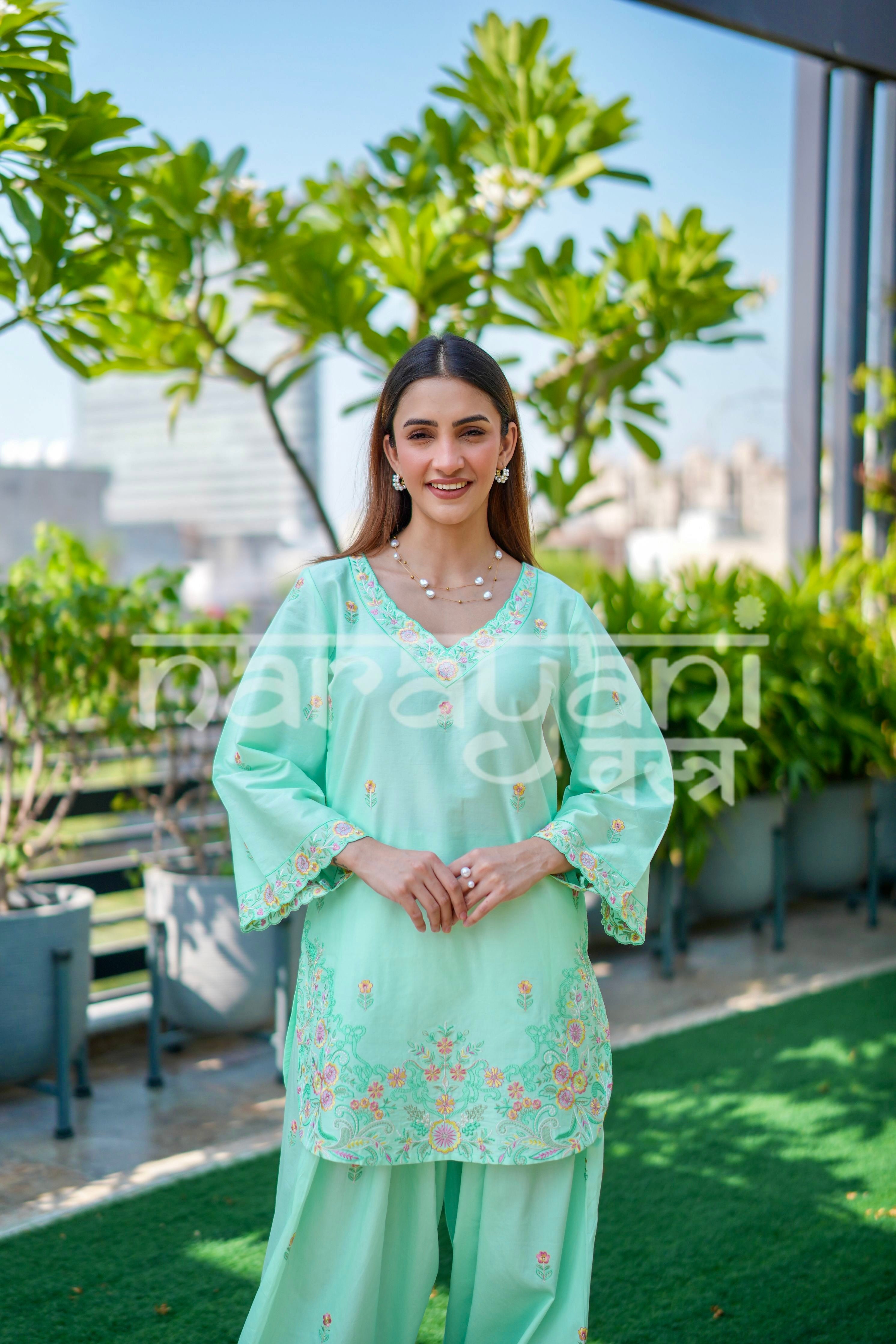 EIRA - Sea Green Embroidered Cotton Co-ord Set