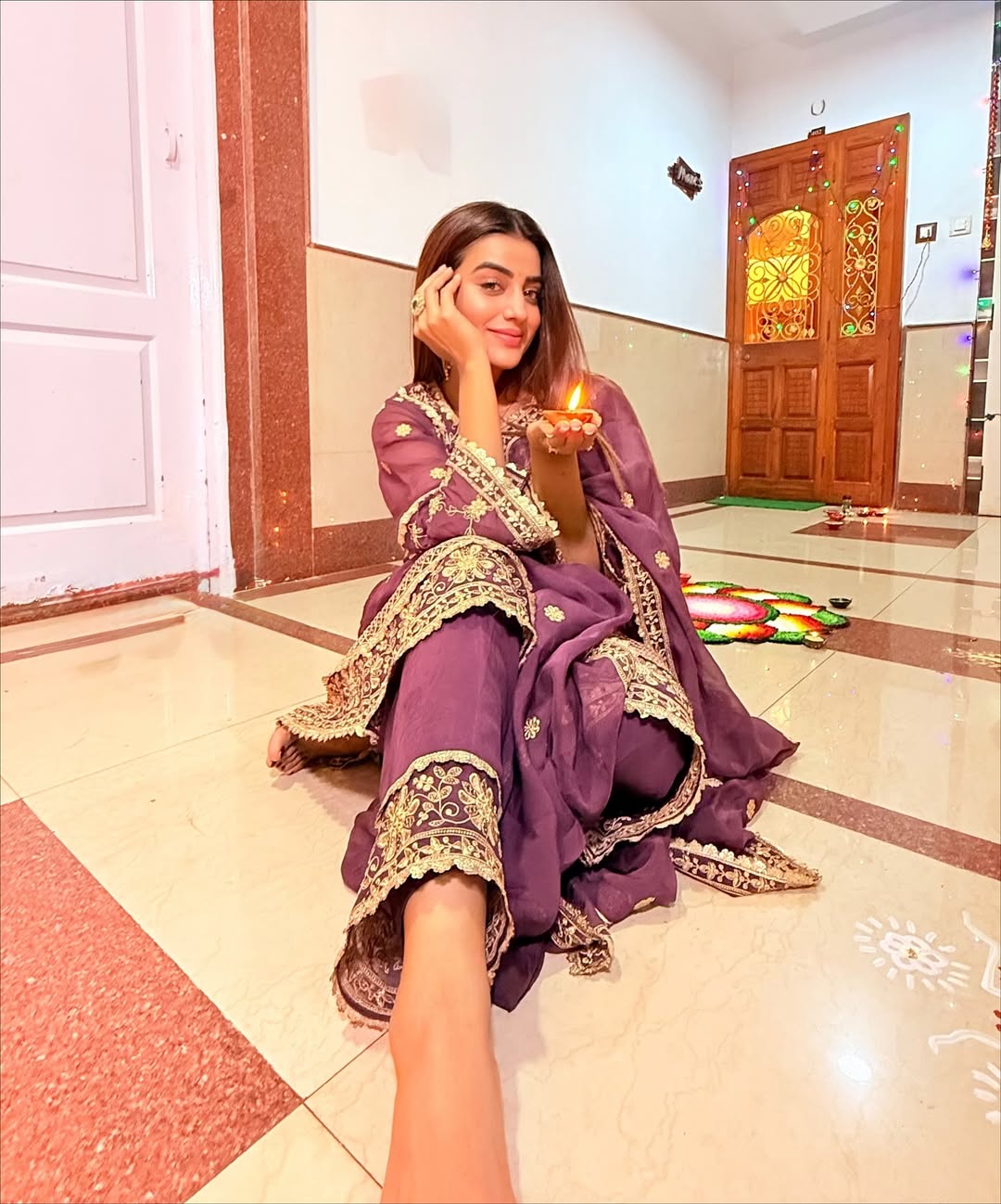 Akshara Singh in IRA - Purple Organza A-line Suit Set