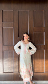 Shreya Lakhani in Gul-Khera - Ivory White Chanderi Embroidered Suit Set.