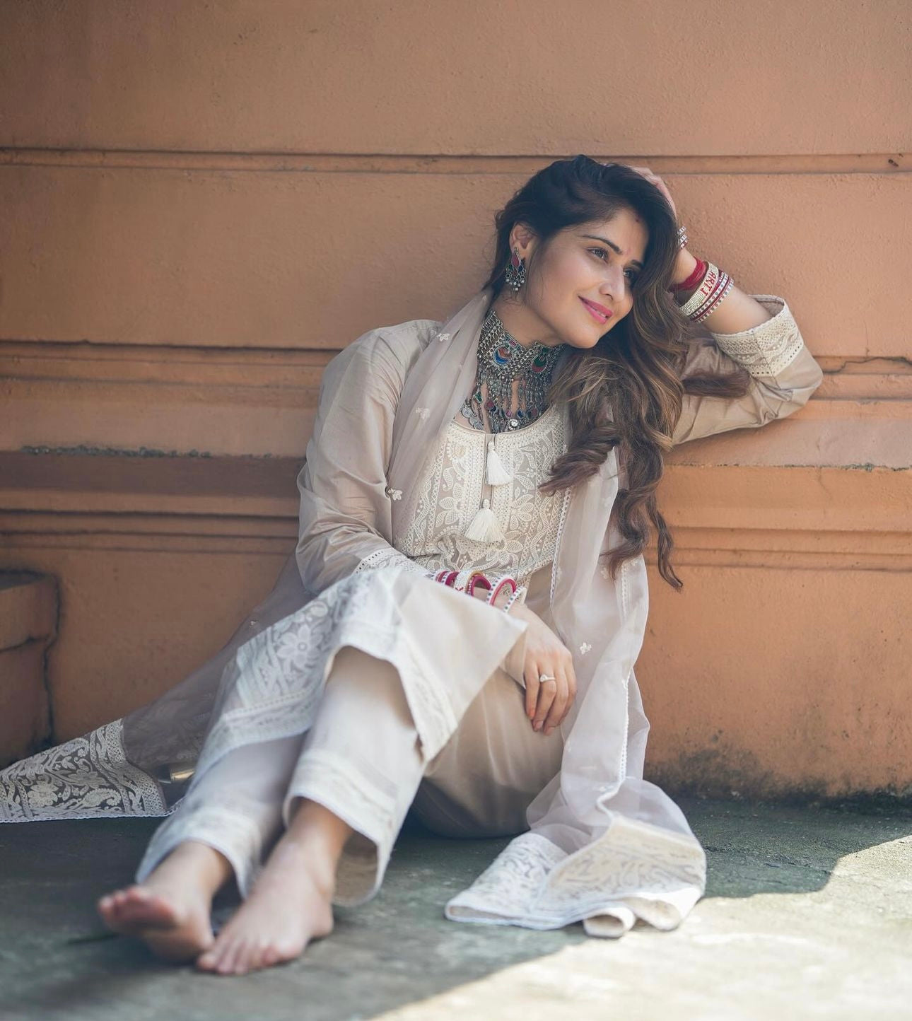 Arti Singh in Hazel Beige Chanderi Suit Set