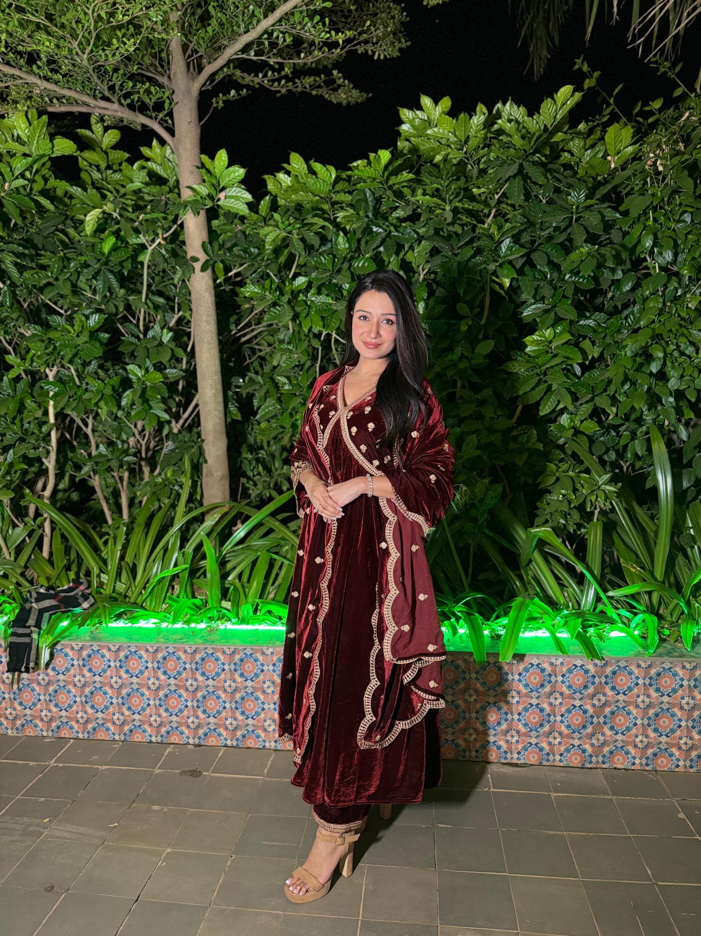 Shefali Bagga in ANTARA - Velvet Maroon Anarkali Set