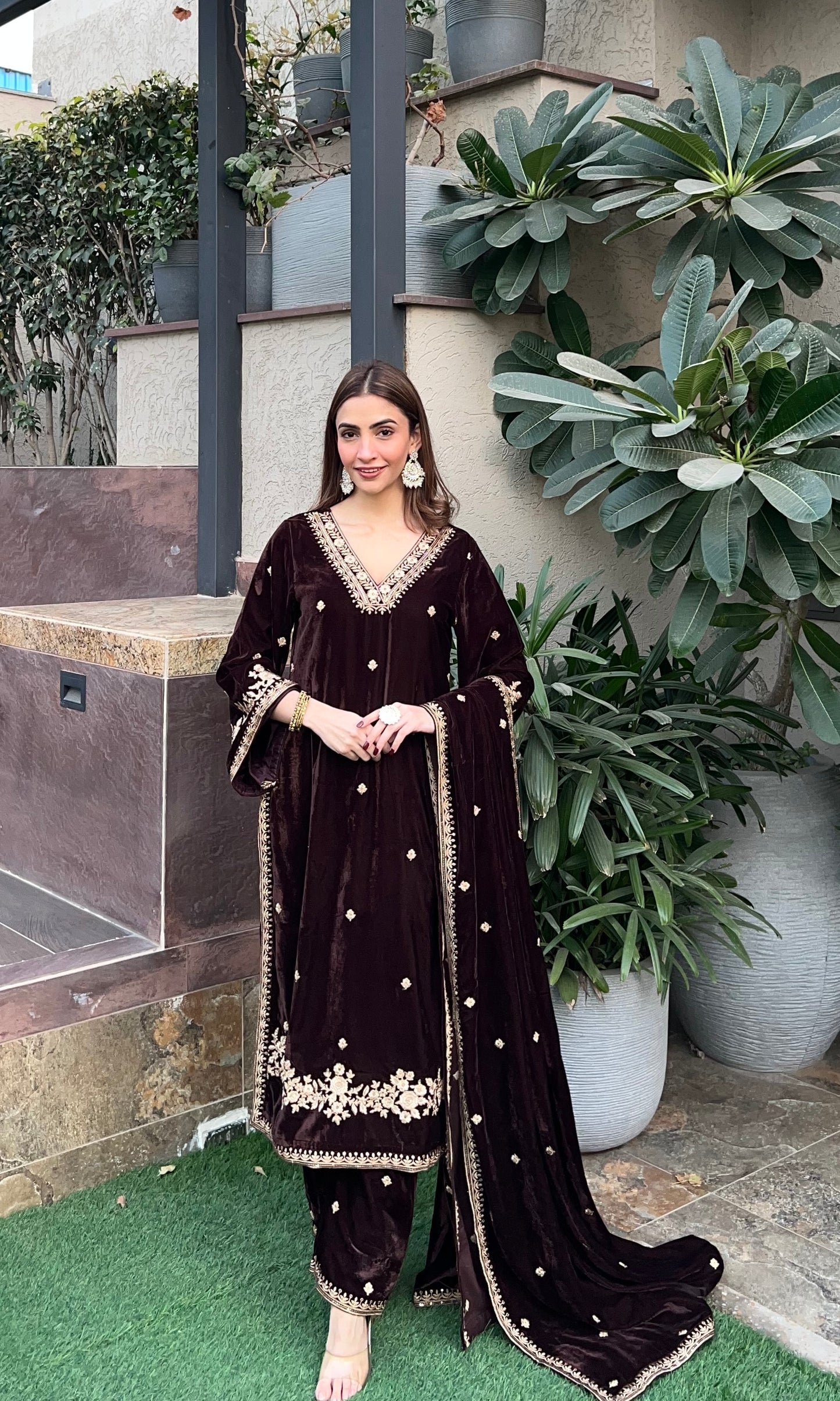 Shreya Lakhani in SWARA - Velvet Brown Straight Suit Set.