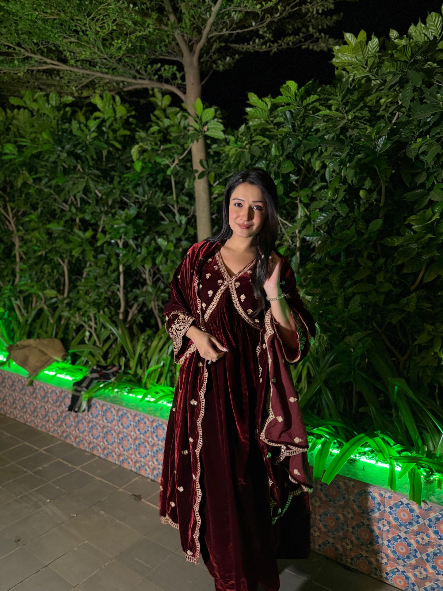 Shefali Bagga in ANTARA - Velvet Maroon Anarkali Set
