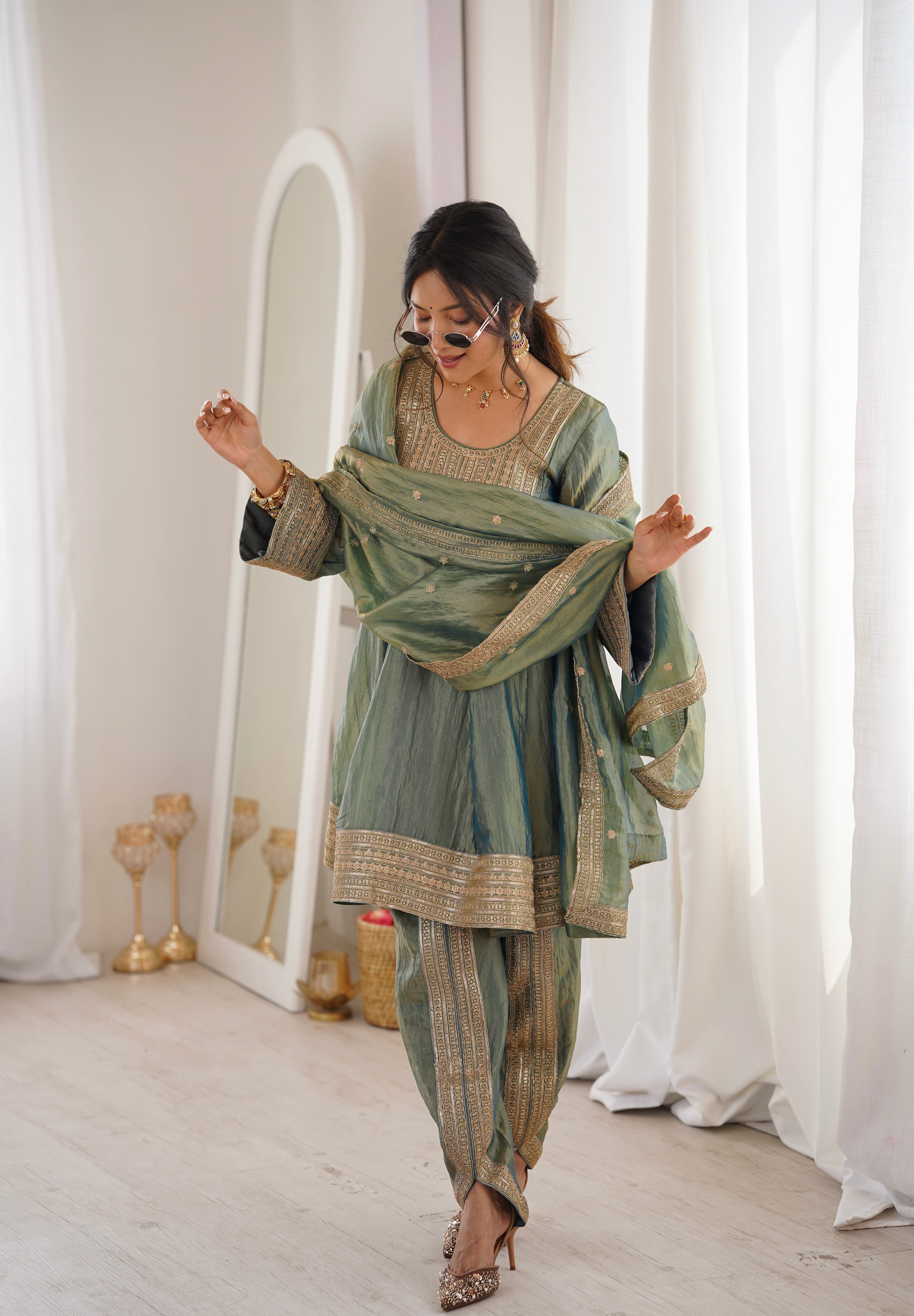 Arti Chauhan in ZIA - Sage Blue Tissue-Organza Anarkali Set.