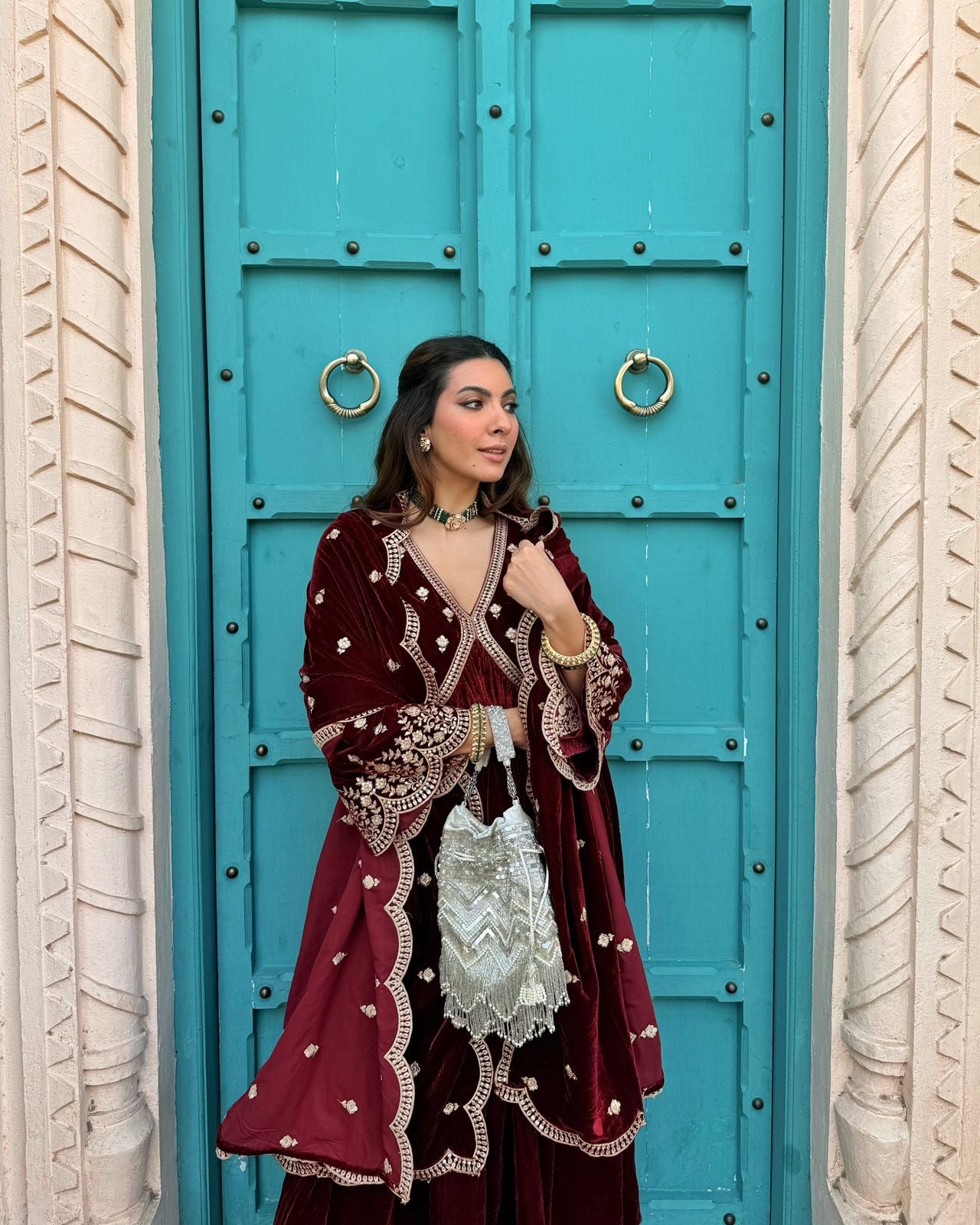 Niki Mehra (@nikimehra) ANTARA - Velvet Maroon Anarkali Set