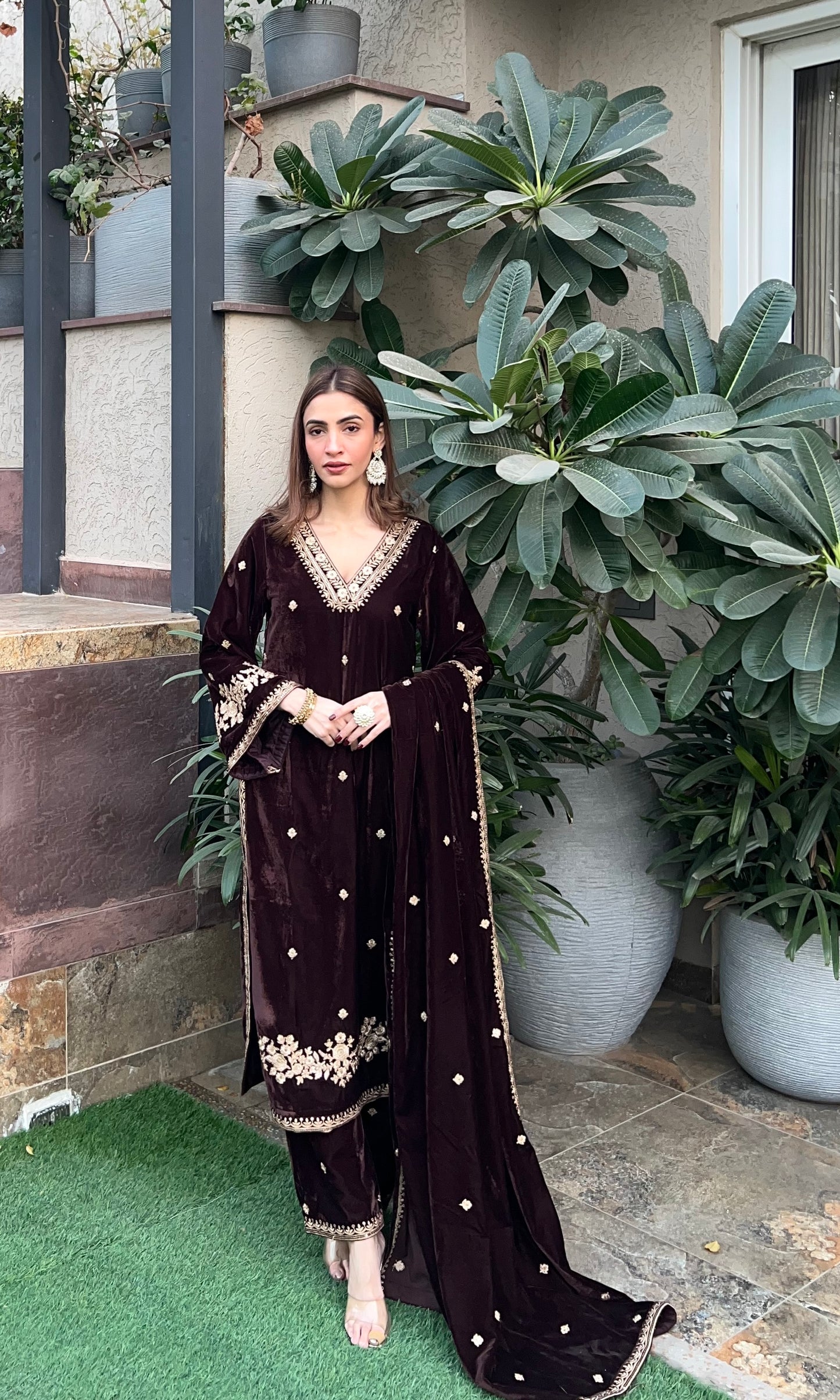 Shreya Lakhani in SWARA - Velvet Brown Straight Suit Set.
