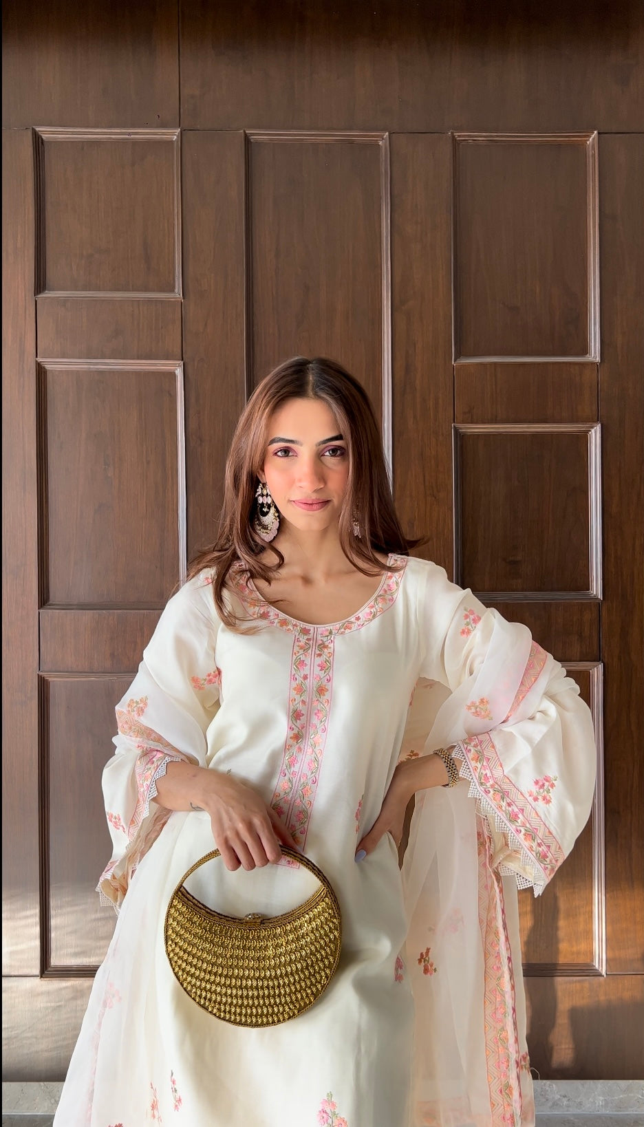 Shreya Lakhani in Gul-Khera - Ivory White Chanderi Embroidered Suit Set.