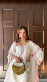 Shreya Lakhani in Gul-Khera - Ivory White Chanderi Embroidered Suit Set.