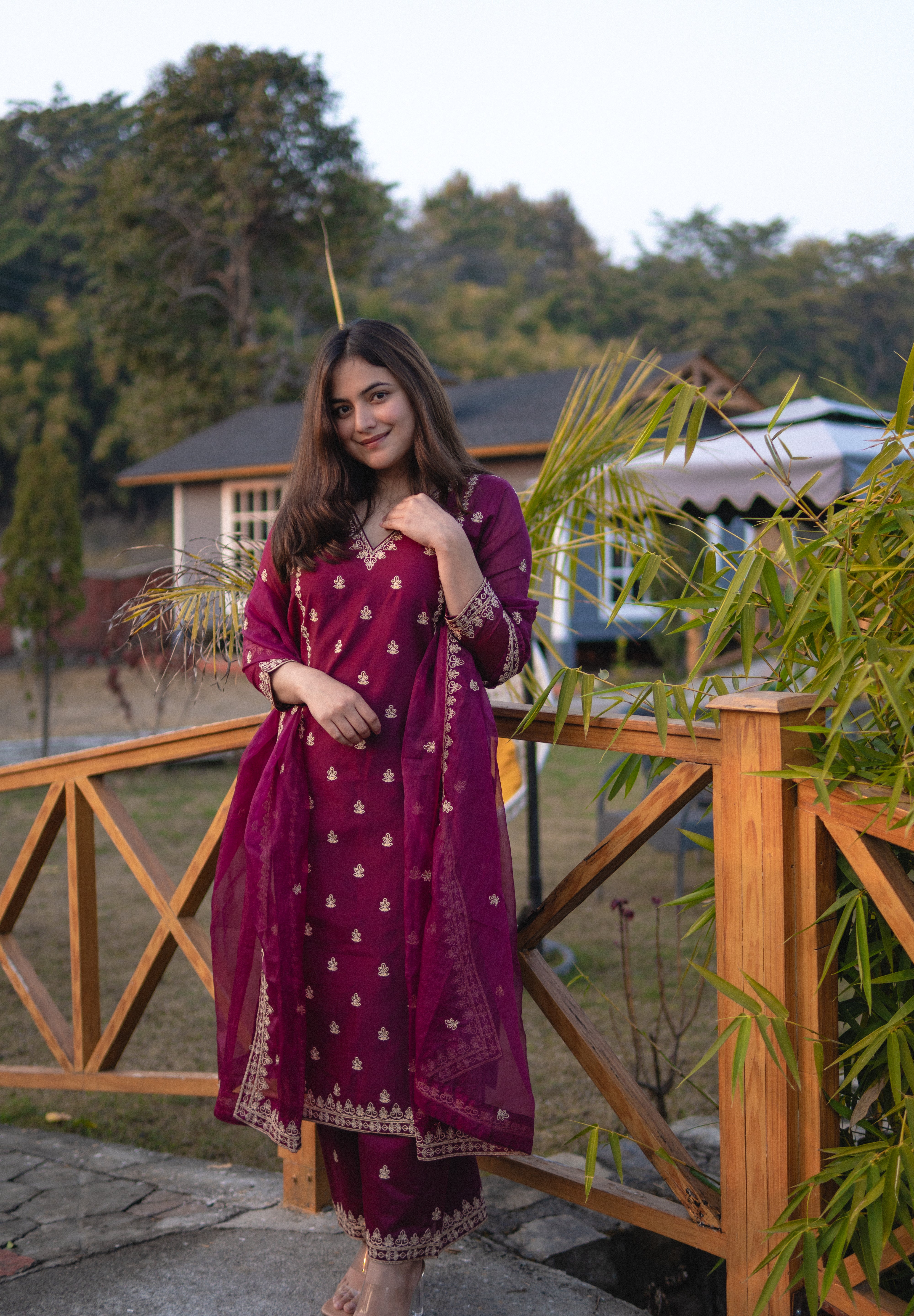 Shreyashi  Verma in Khushnir - Wine Chanderi Embroidered Suit Set