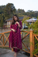 Shreyashi  Verma in Khushnir - Wine Chanderi Embroidered Suit Set