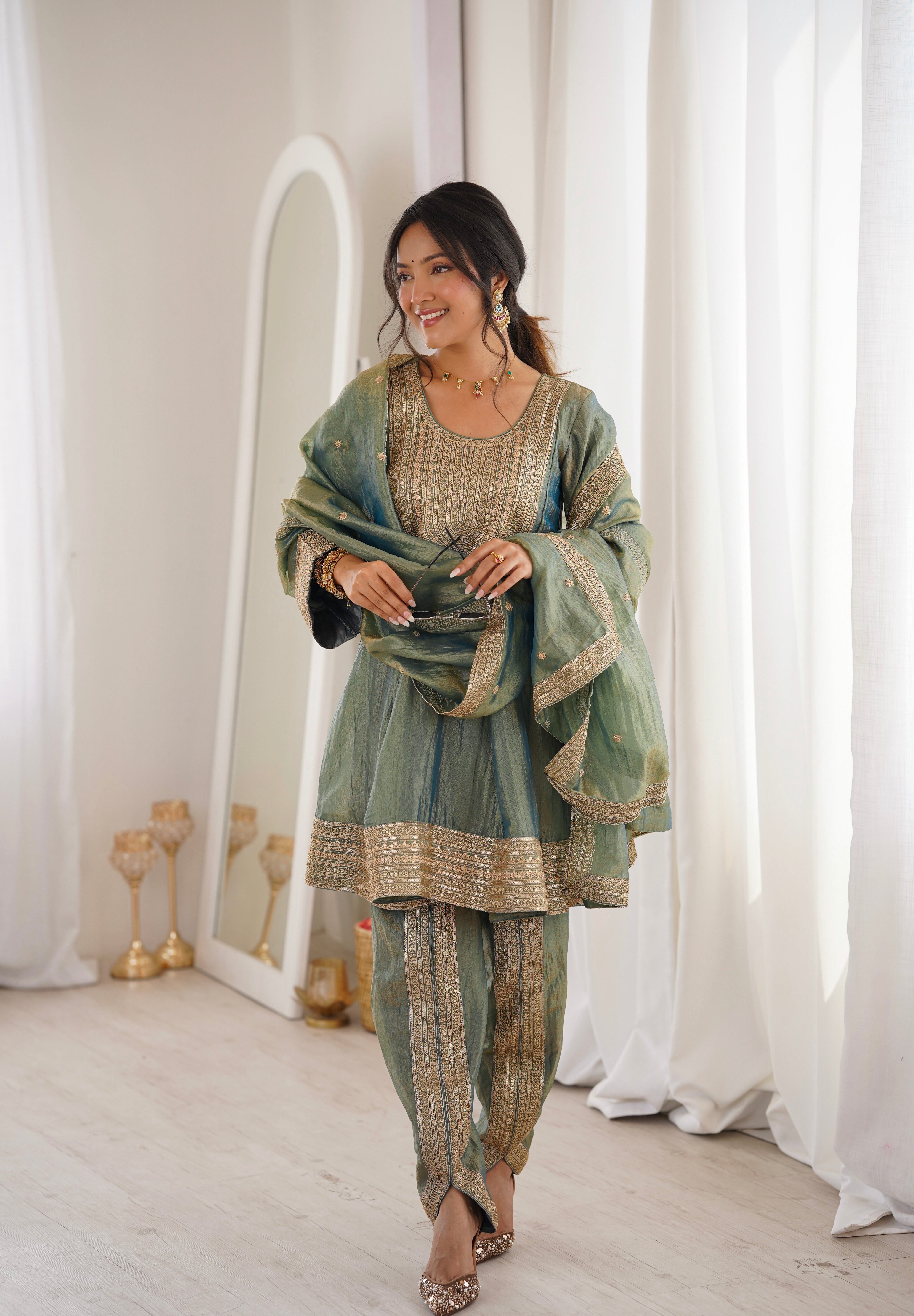 Arti Chauhan in ZIA - Sage Blue Tissue-Organza Anarkali Set.