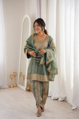 Arti Chauhan in ZIA - Sage Blue Tissue-Organza Anarkali Set.