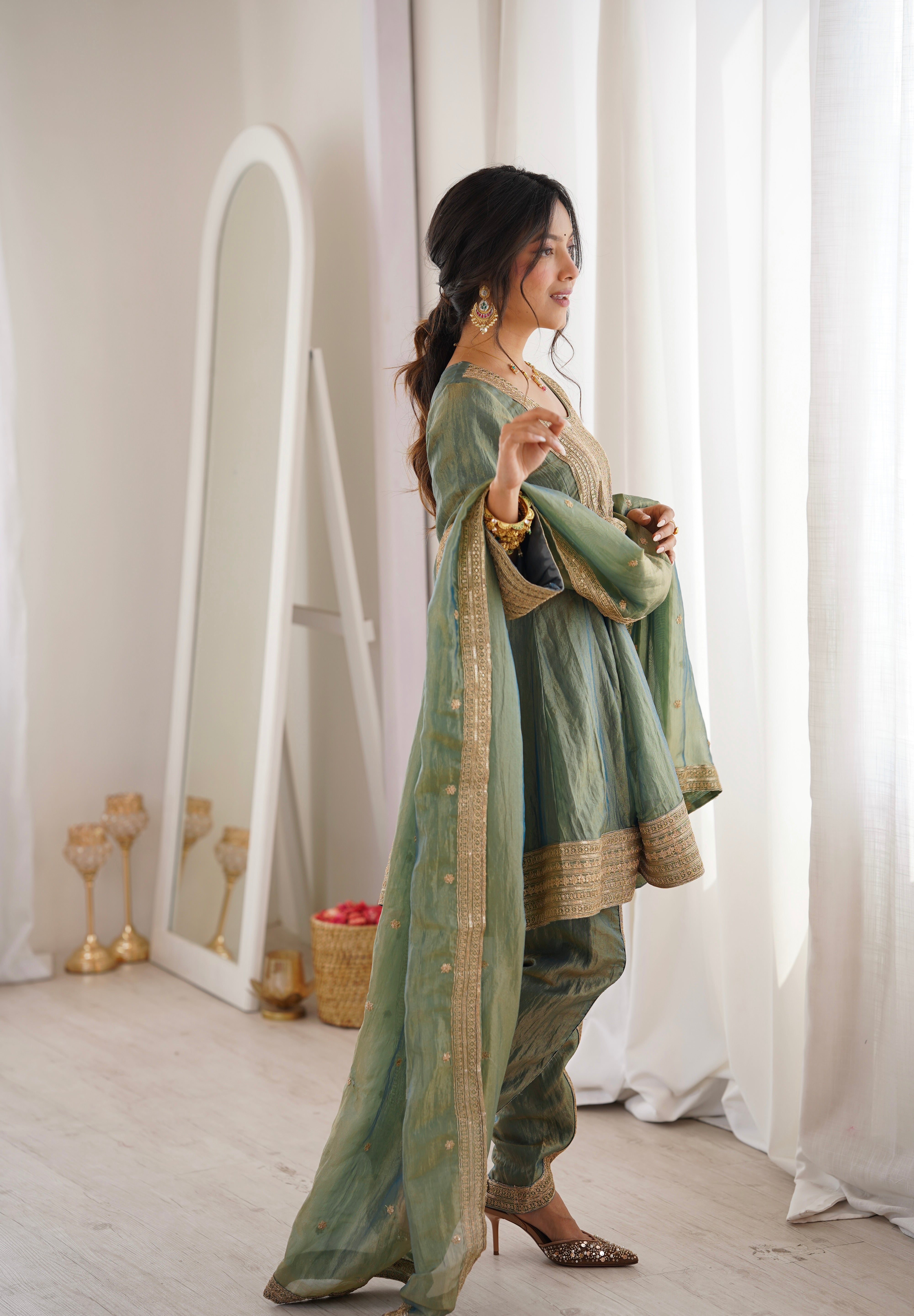 Arti Chauhan in ZIA - Sage Blue Tissue-Organza Anarkali Set.